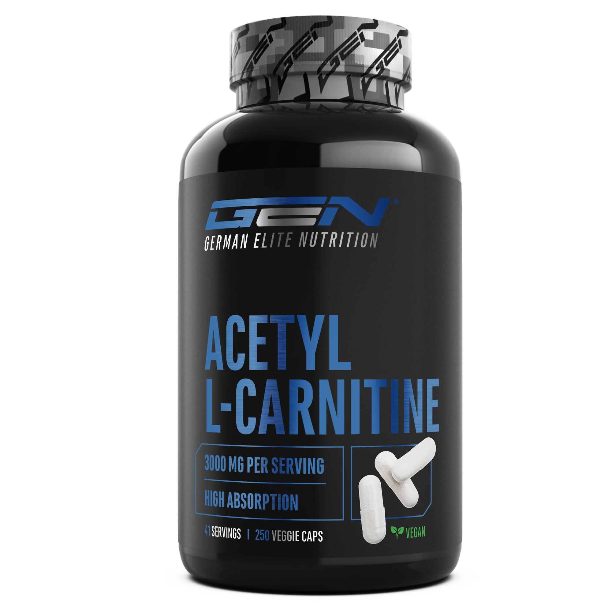 Eine schwarze Flasche mit der Aufschrift Acetyl L-Carnitin mit Text im Bild: "3000 mg", "8 Portionen", "250 vegane Kapseln"; zwei weiße Kapseln und ein Vegan-Symbol sind abgebildet.