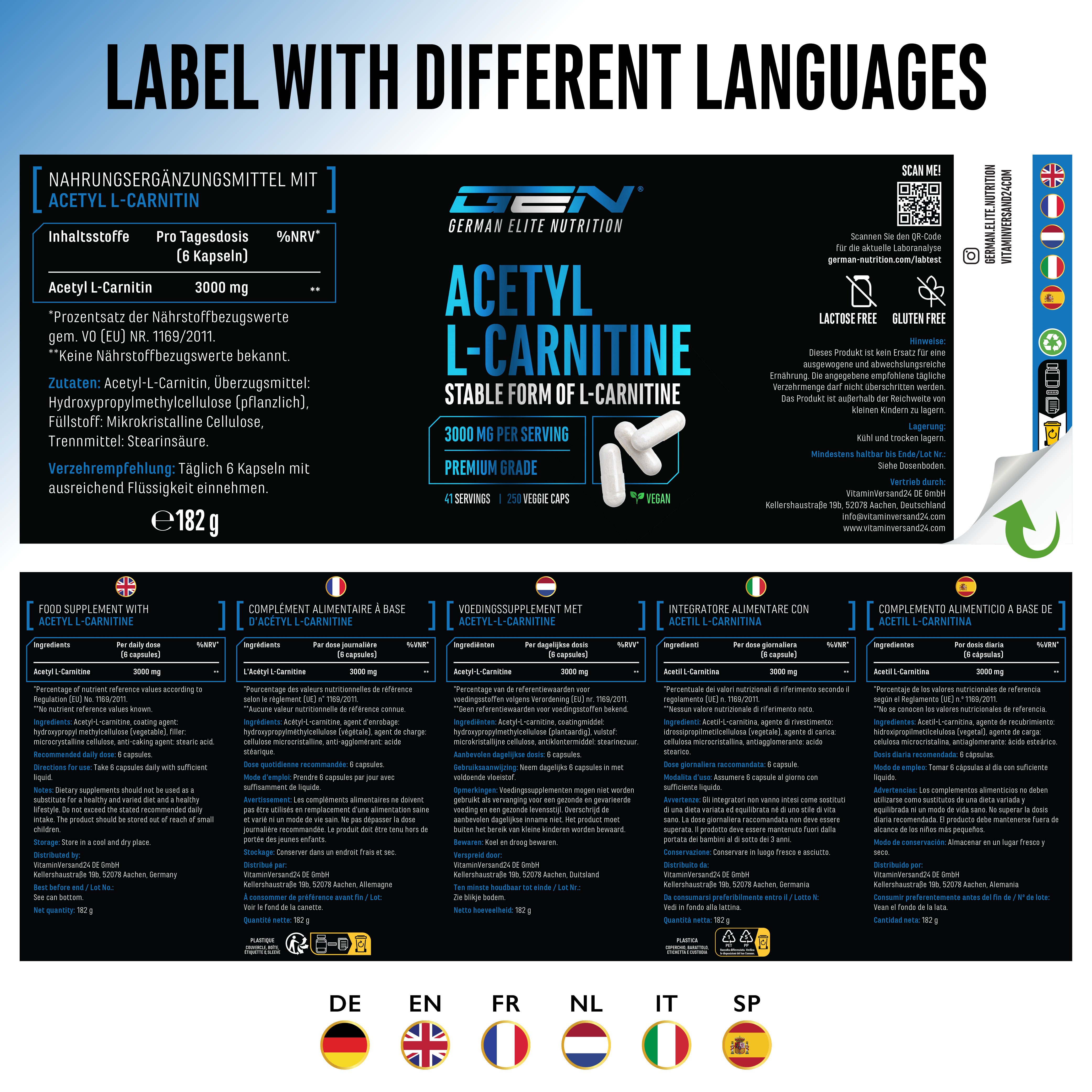 Flaschenetikett für deutsches Elite Nutrition Acetyl L-Carnitin; Text in mehreren Sprachen; Flaggen zeigen Sprachoptionen an.