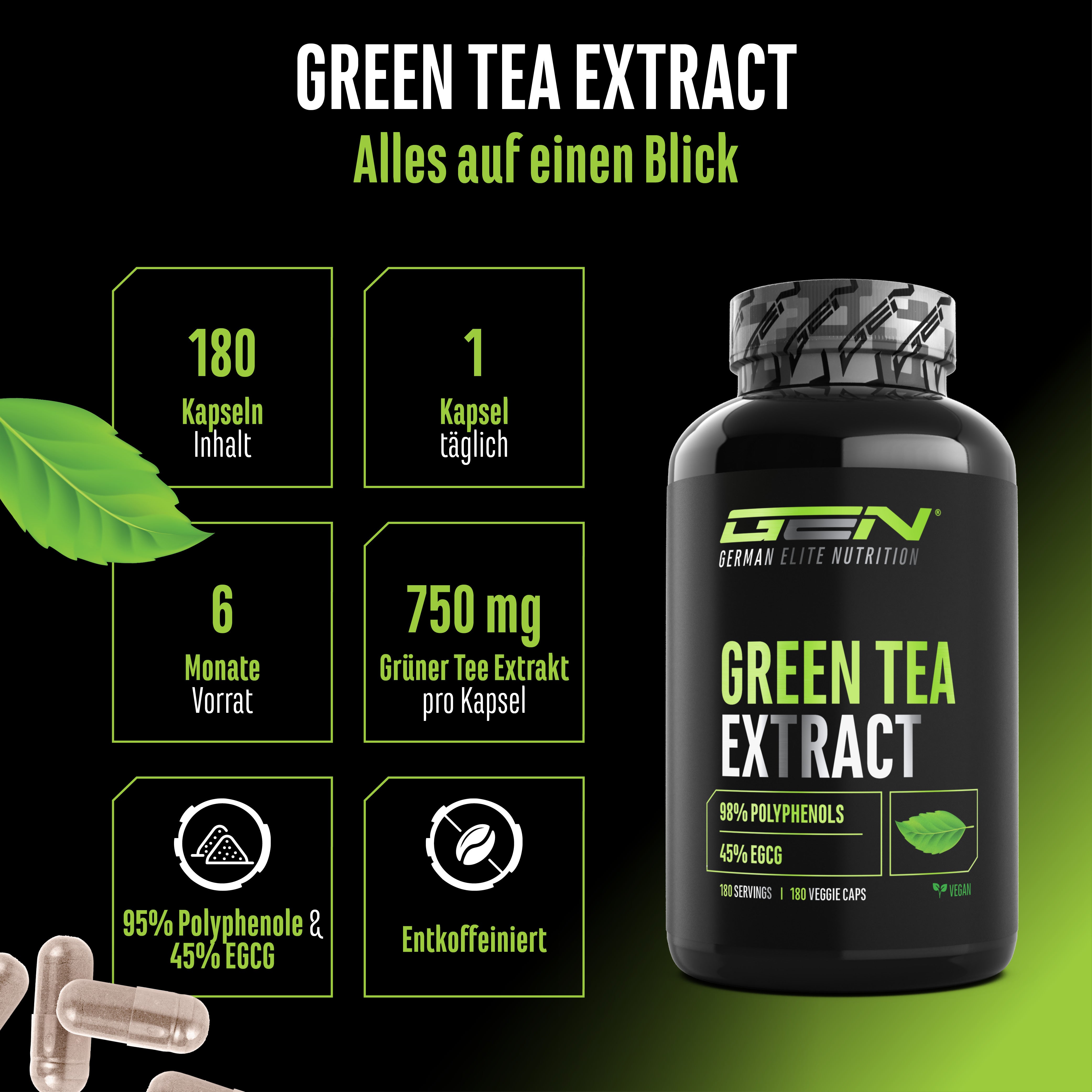 Flasche mit der Aufschrift "German Elite Nutrition Green Tea Extract" neben einem Stapel grüner Kapseln; der Text im Bild enthält Produktdetails.
