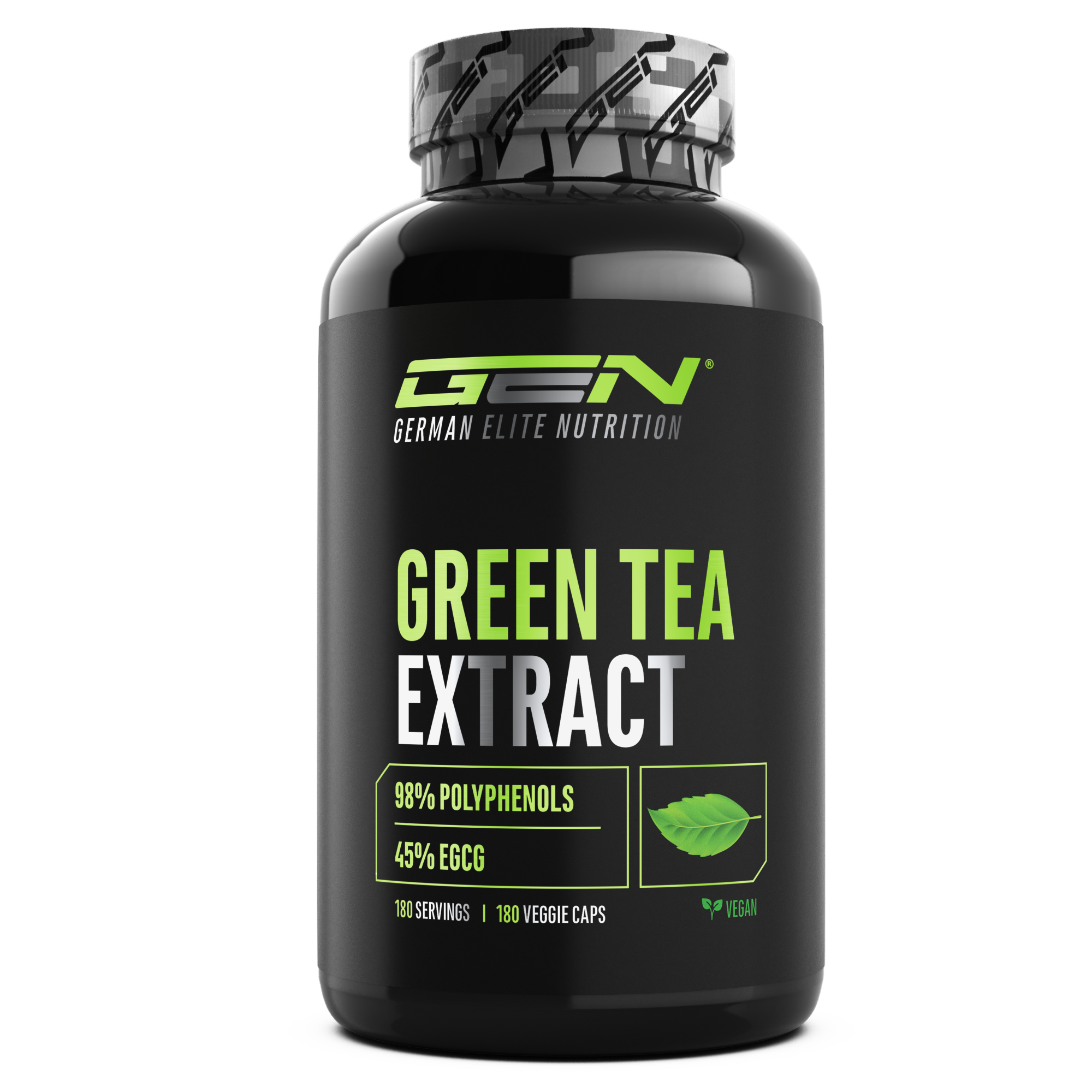 Eine schwarze Flasche mit der Aufschrift German Elite Nutrition Green Tea Extract; Text auf dem Bild: "98 Polyphenole", "45 EGCG", "180 Veggie-Kapseln", "vegan".