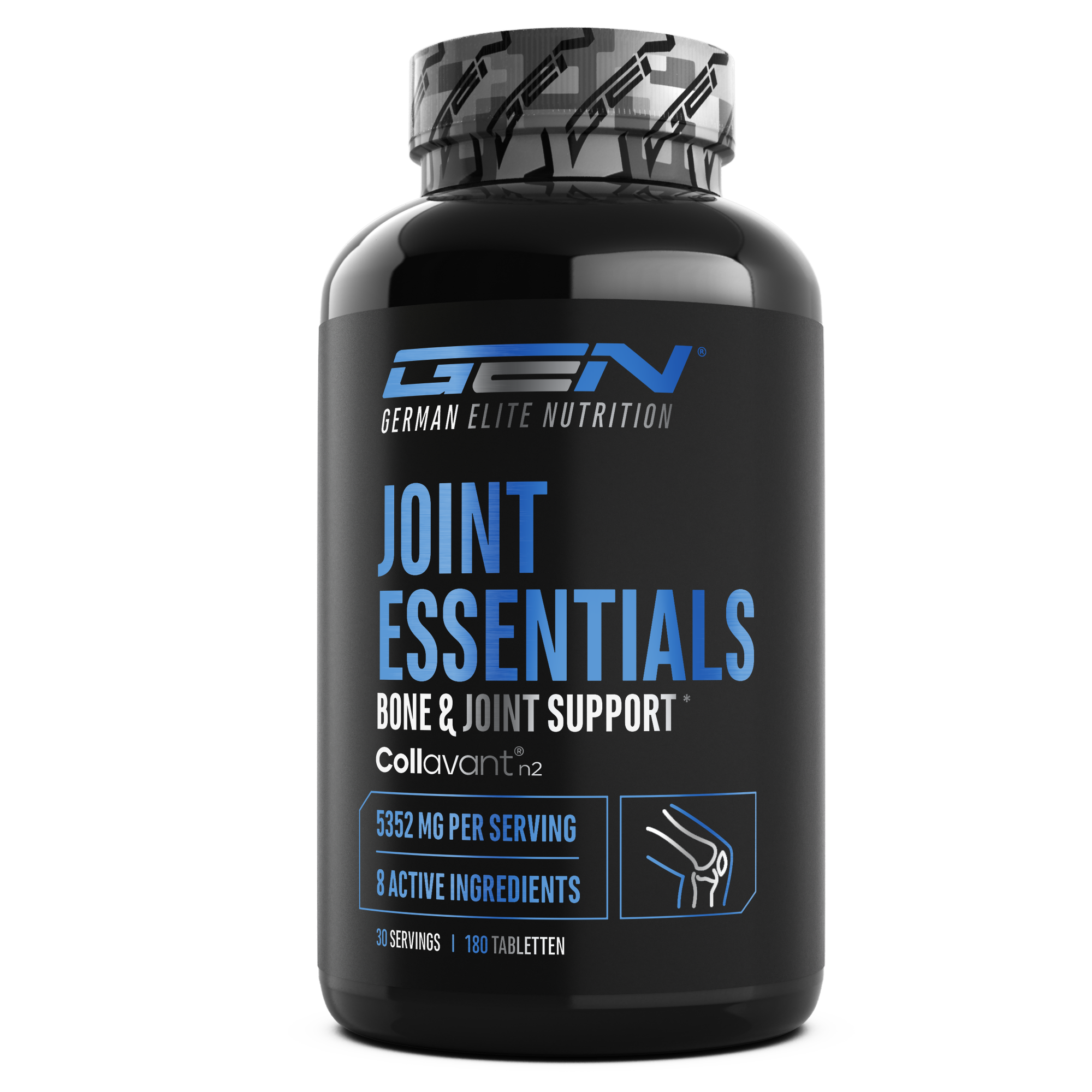 Eine schwarze Flasche mit blauem und weißem Text; Text im Bild: "German Elite Nutrition Joint Essentials" und Inhaltsstoffe.