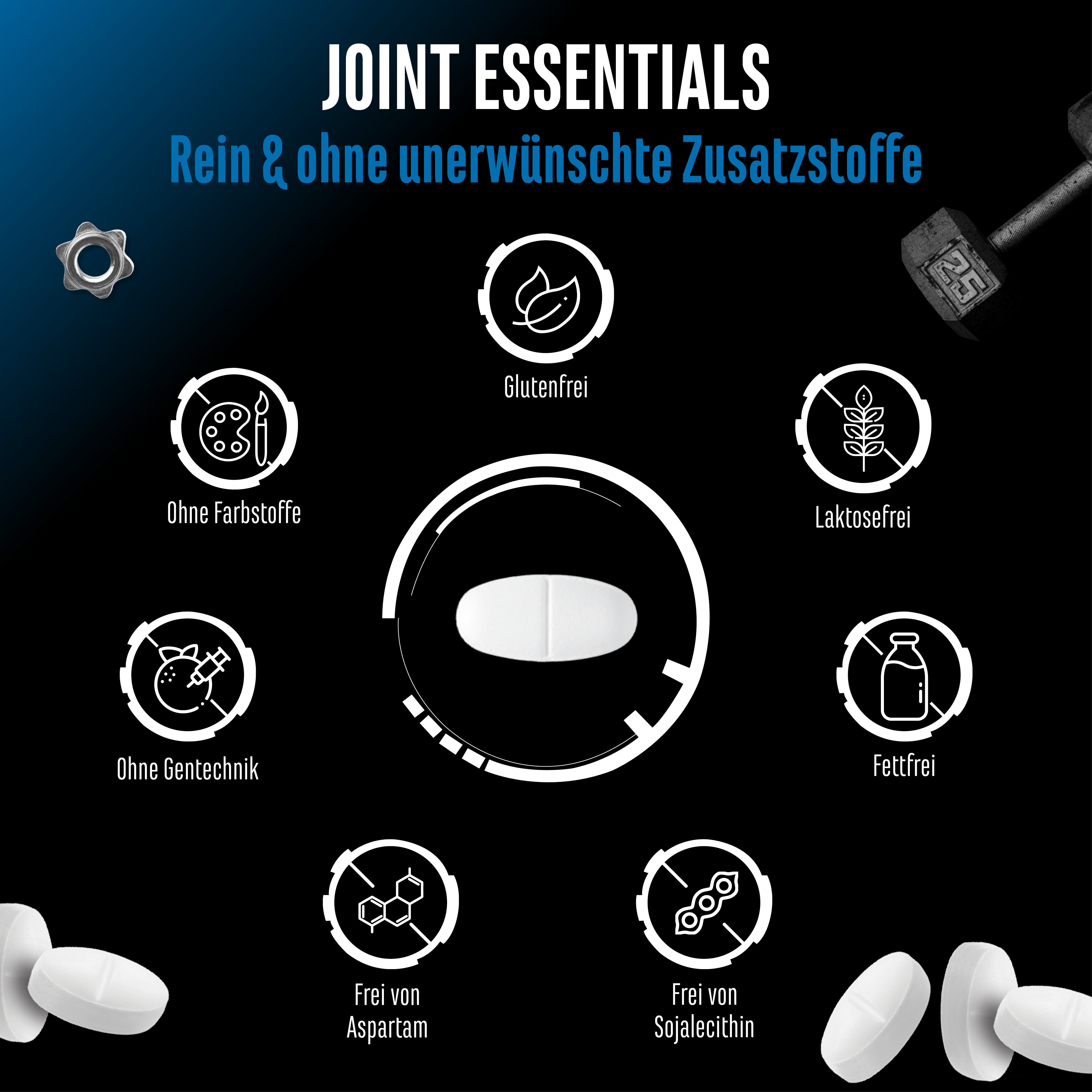 Una pillola bianca al centro di uno sfondo nero con simboli e testo nell'immagine che elencano vari attributi 'libero da'.