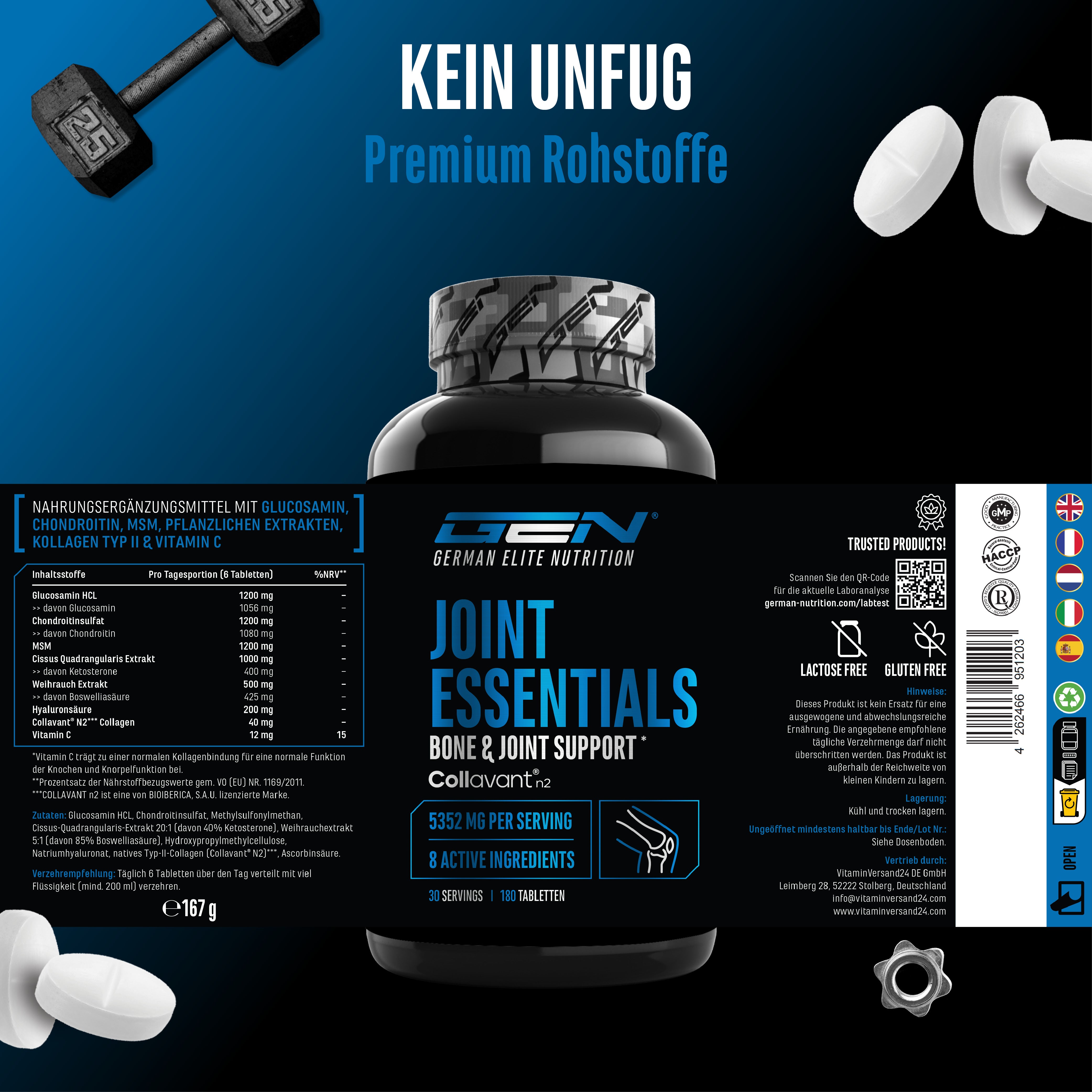 Una bottiglia di Joint Essentials si trova al centro di uno sfondo blu-nero, accanto ci sono compresse bianche e un manubrio. Testo nell'immagine: "MSM", "Glucosamina", "8 Principi attivi", "180 Compresse".