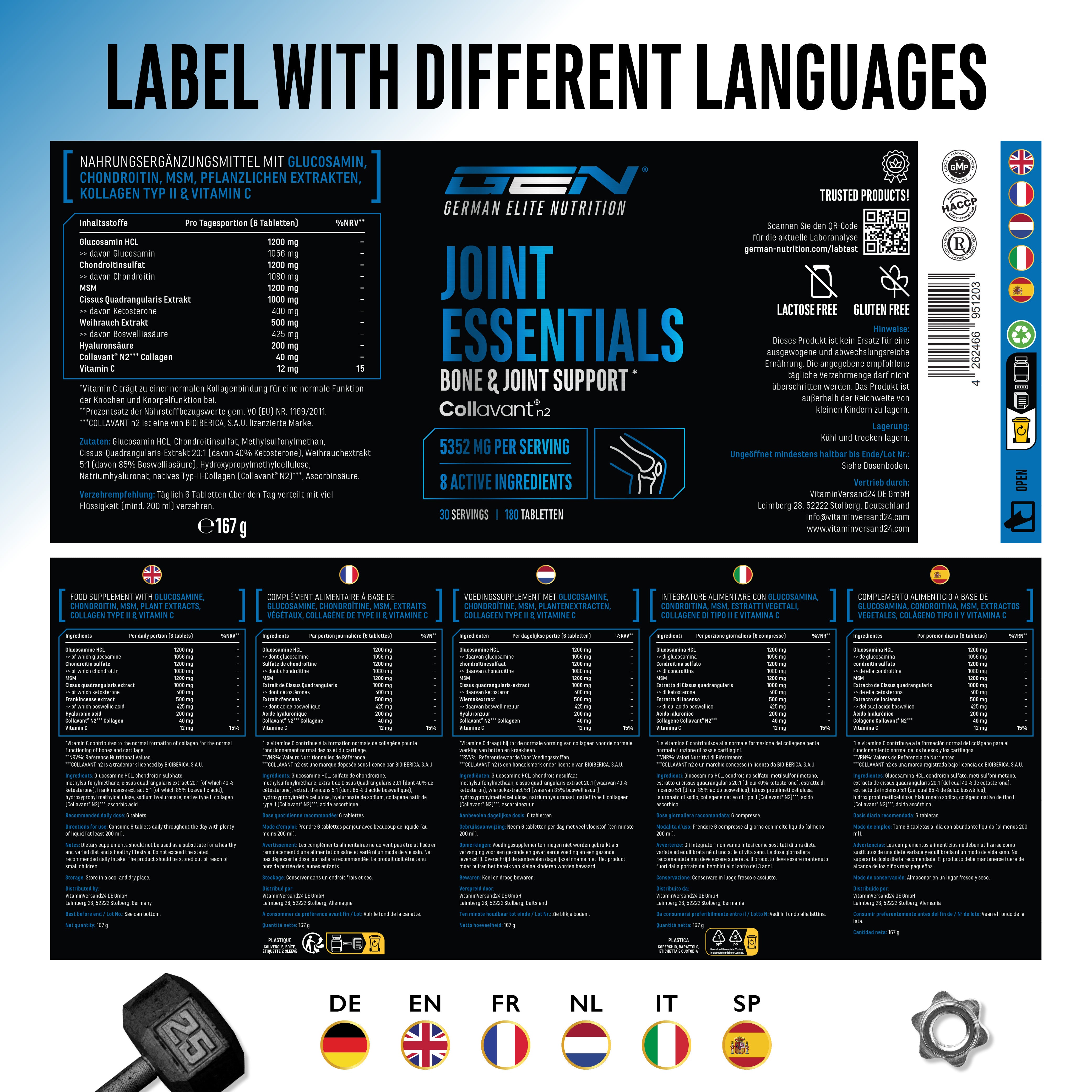 Etichetta del prodotto con testo nell'immagine: "Joint Essentials - 8 ingredienti attivi, 180 compresse", bandiera e lista ingredienti.