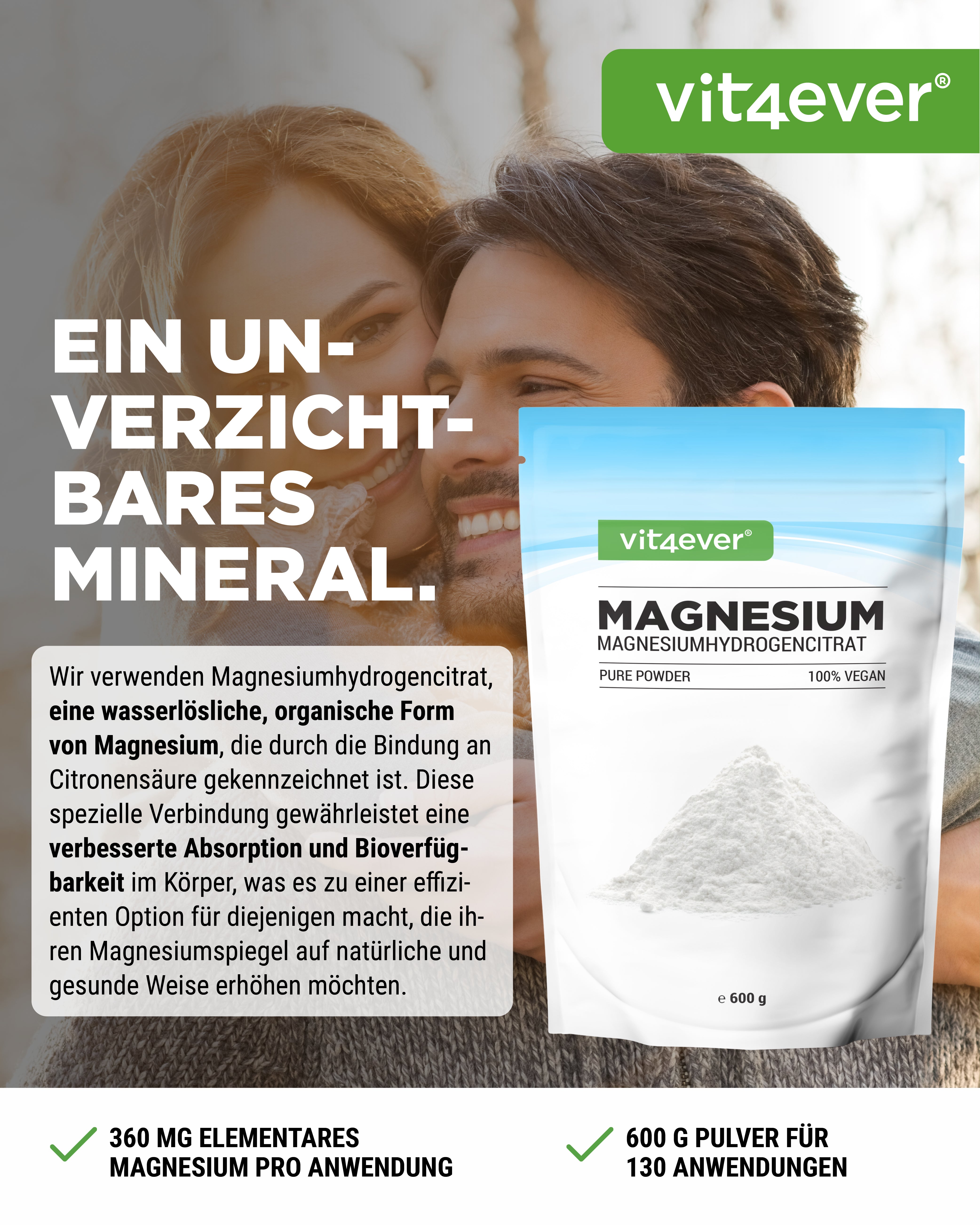 Magnesium Pure -Pulver - 100% Magnesiumhydrogencitrat