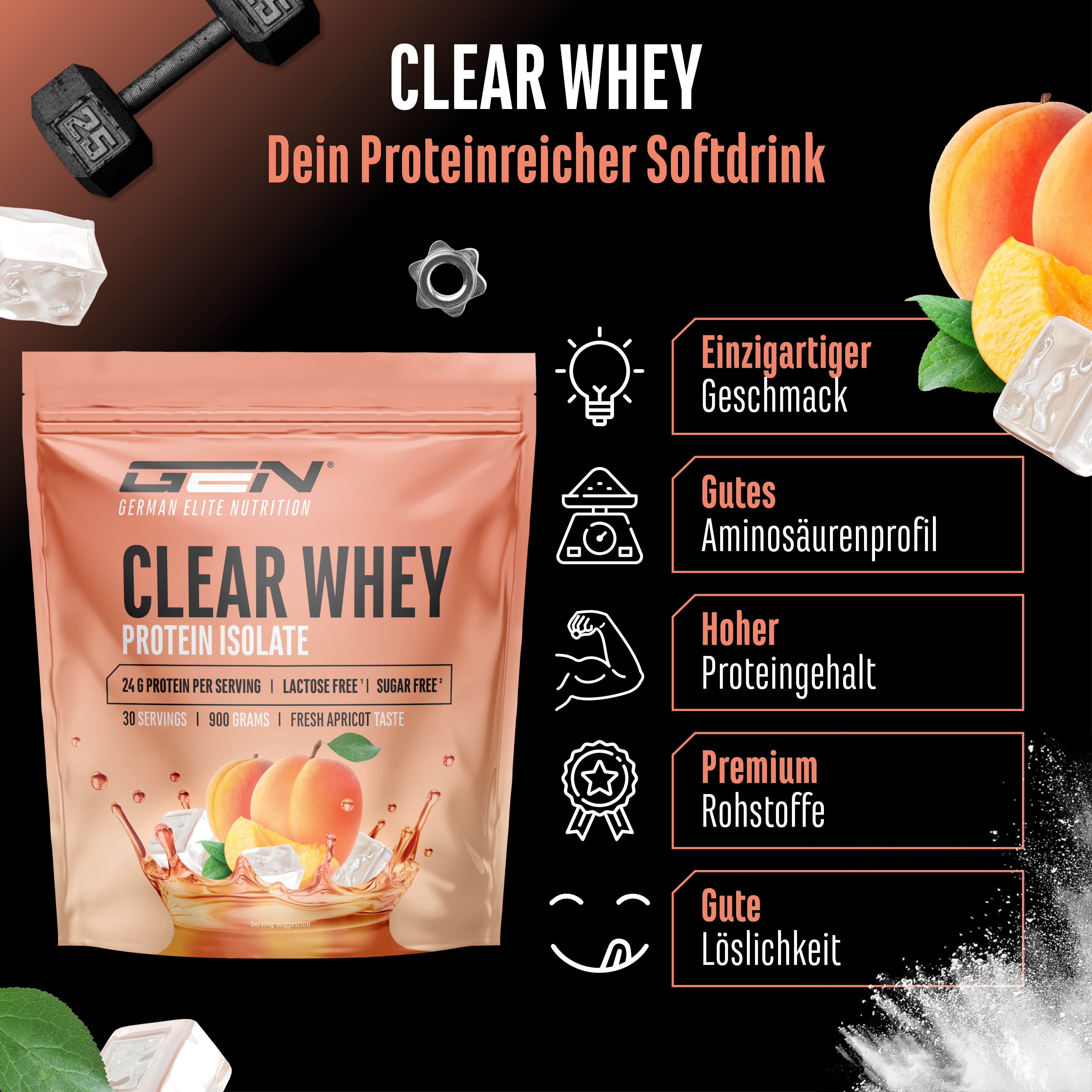 Clear Whey Protein - Fresh Apricot, 900 g