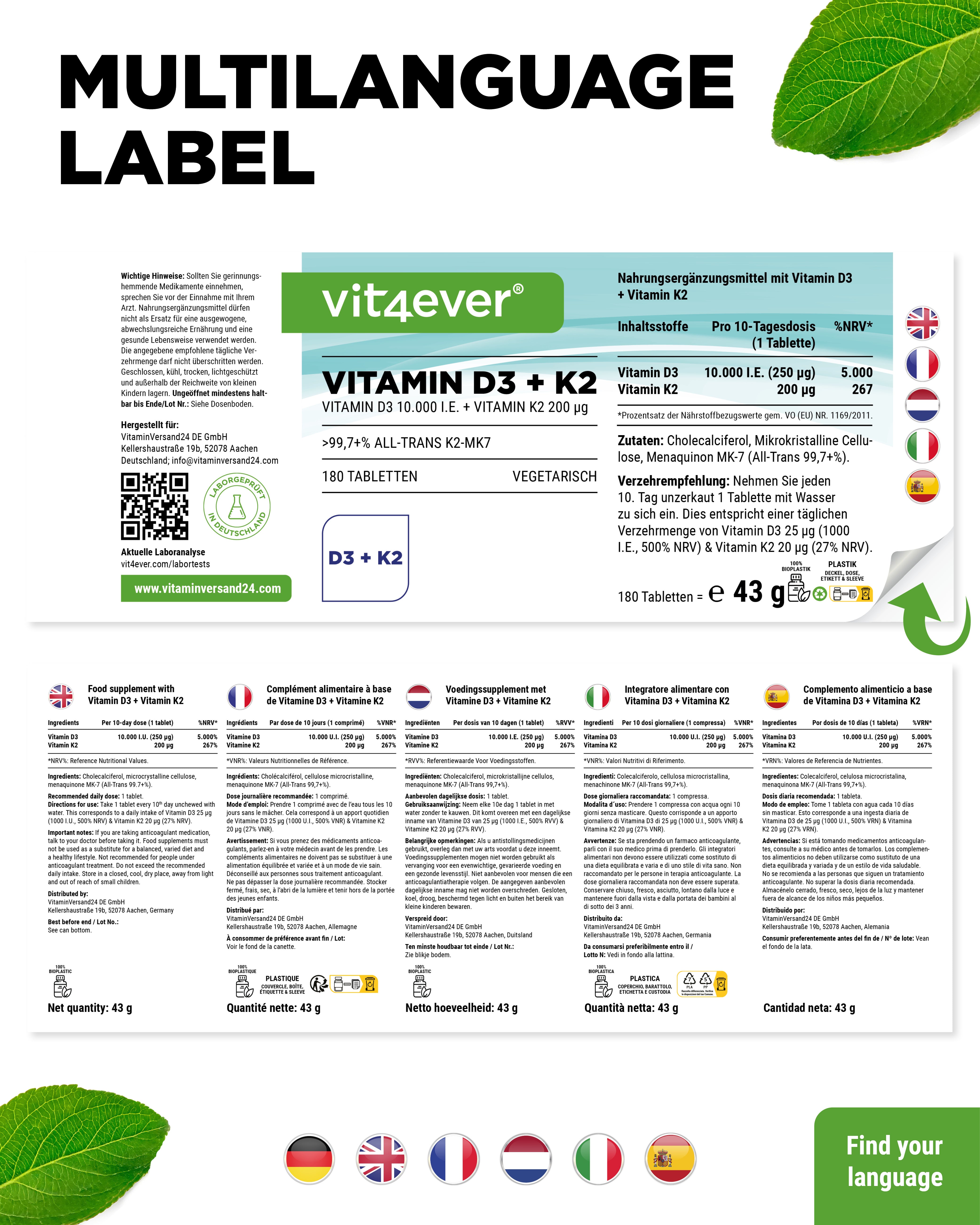 Vitamina D3 10.000 UI + Vitamina K2 200 mcg