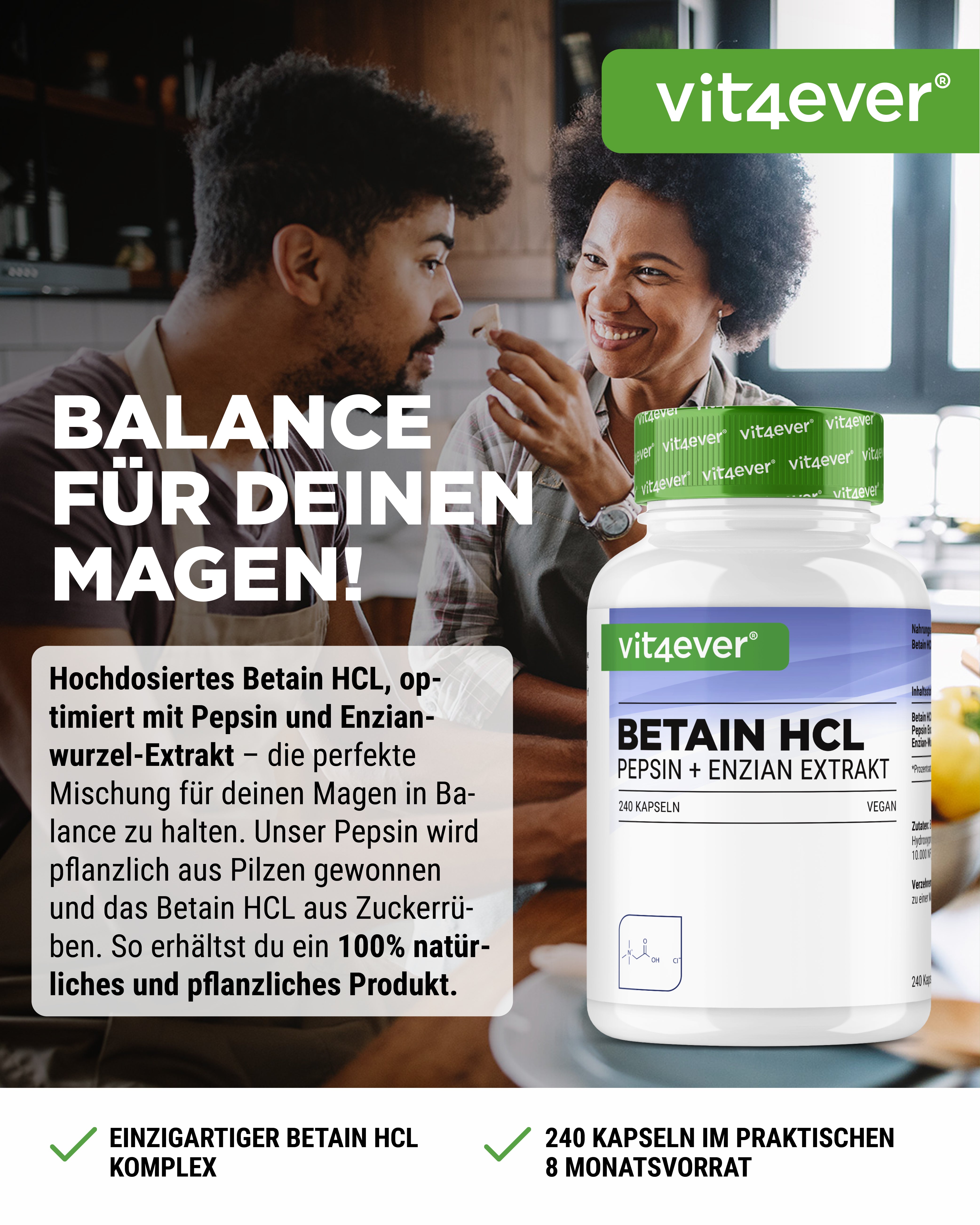 Betain HCL, 240 Kapseln á 695mg mit Pepsin + Enzian Extrakt