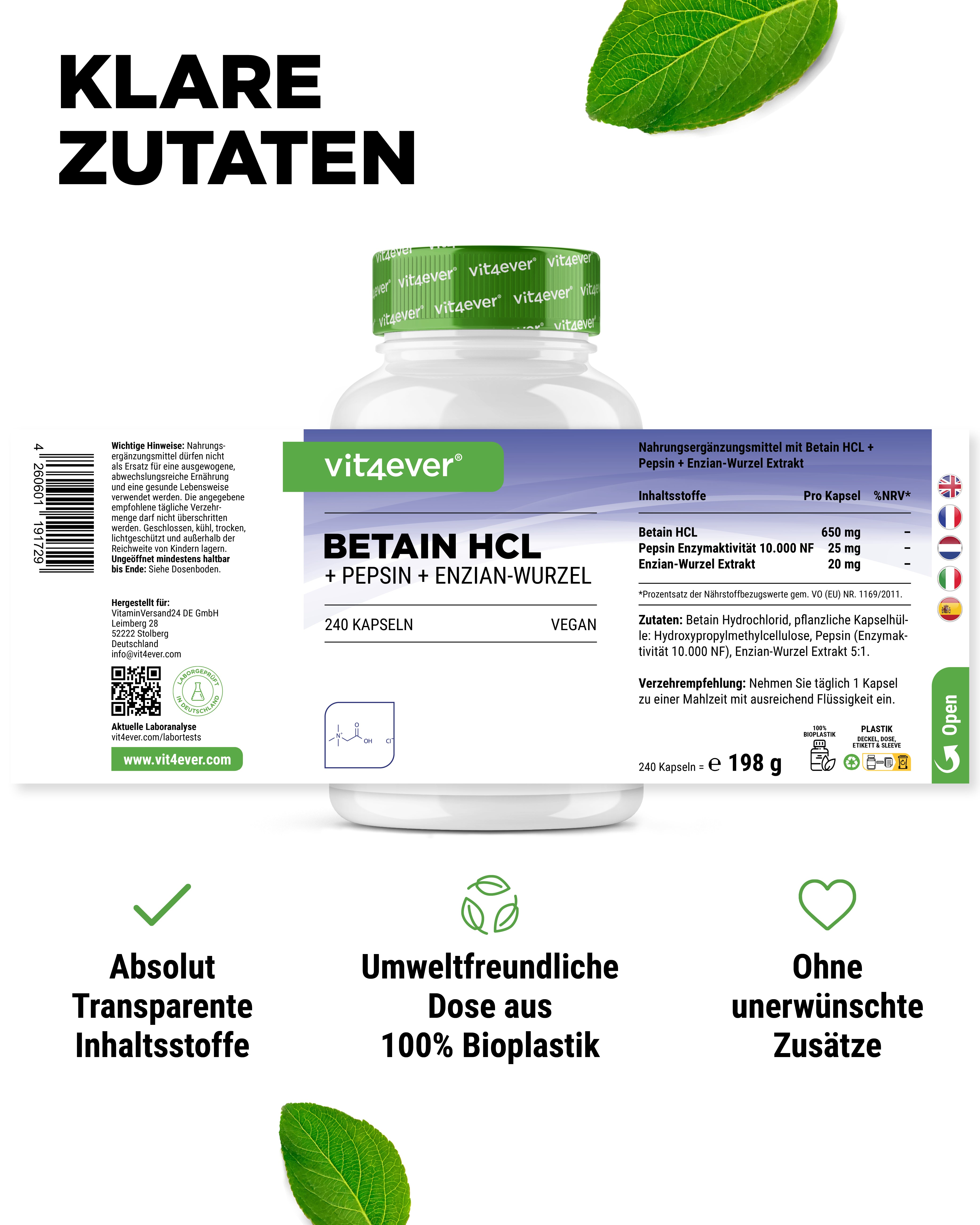 Bétaïne HCL, 240 gélules à 695 mg avec pepsine + extrait de gentiane