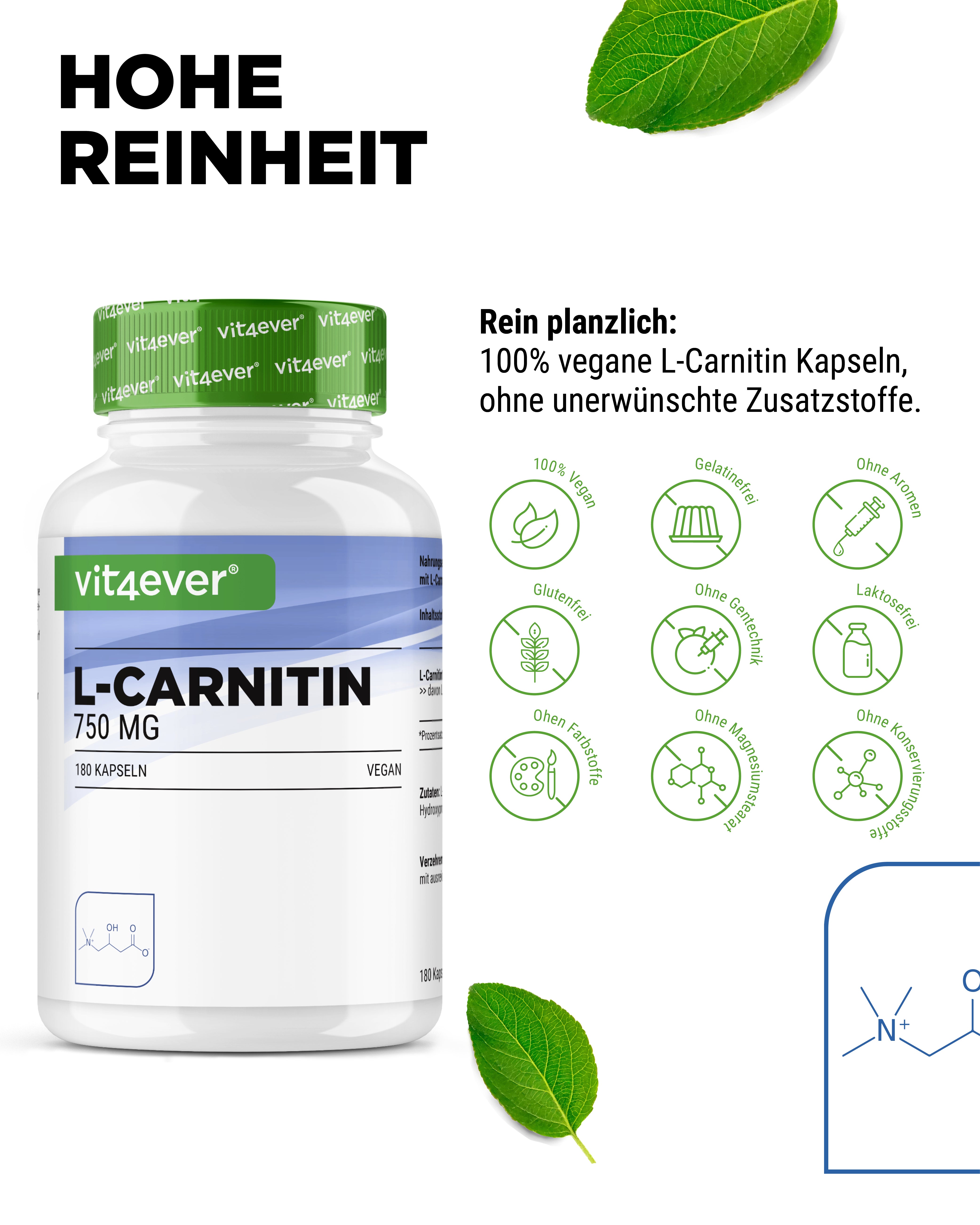 L-Carnitin - 180 vegane Kapseln, 100% L-Carnitin Tartrat ohne Zusätze