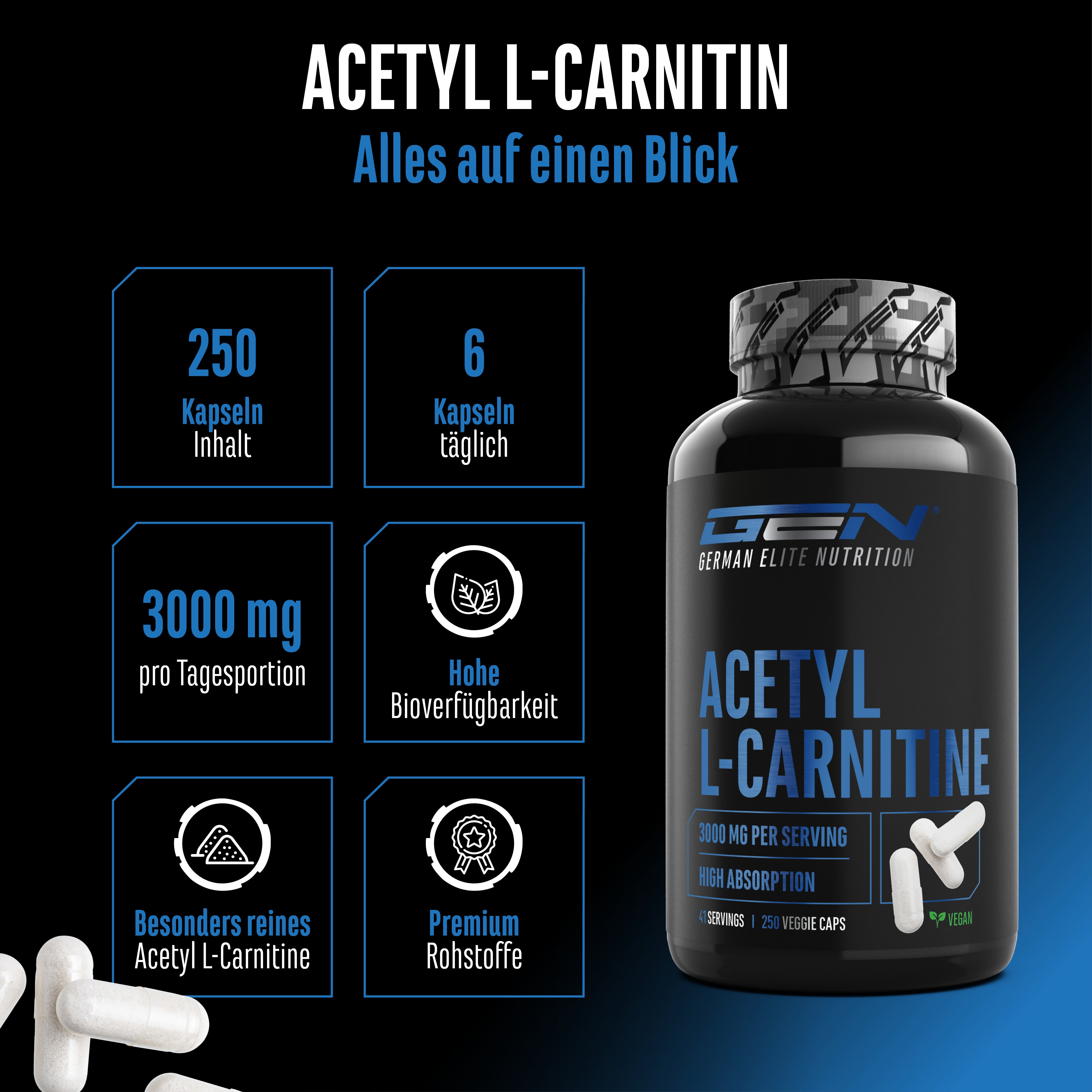 Eine Flasche mit der Aufschrift "Acetyl L-Carnitin German Elite Nutrition"; Text im Bild: "250 vegane Kapseln, 3000mg Tagesdosis".