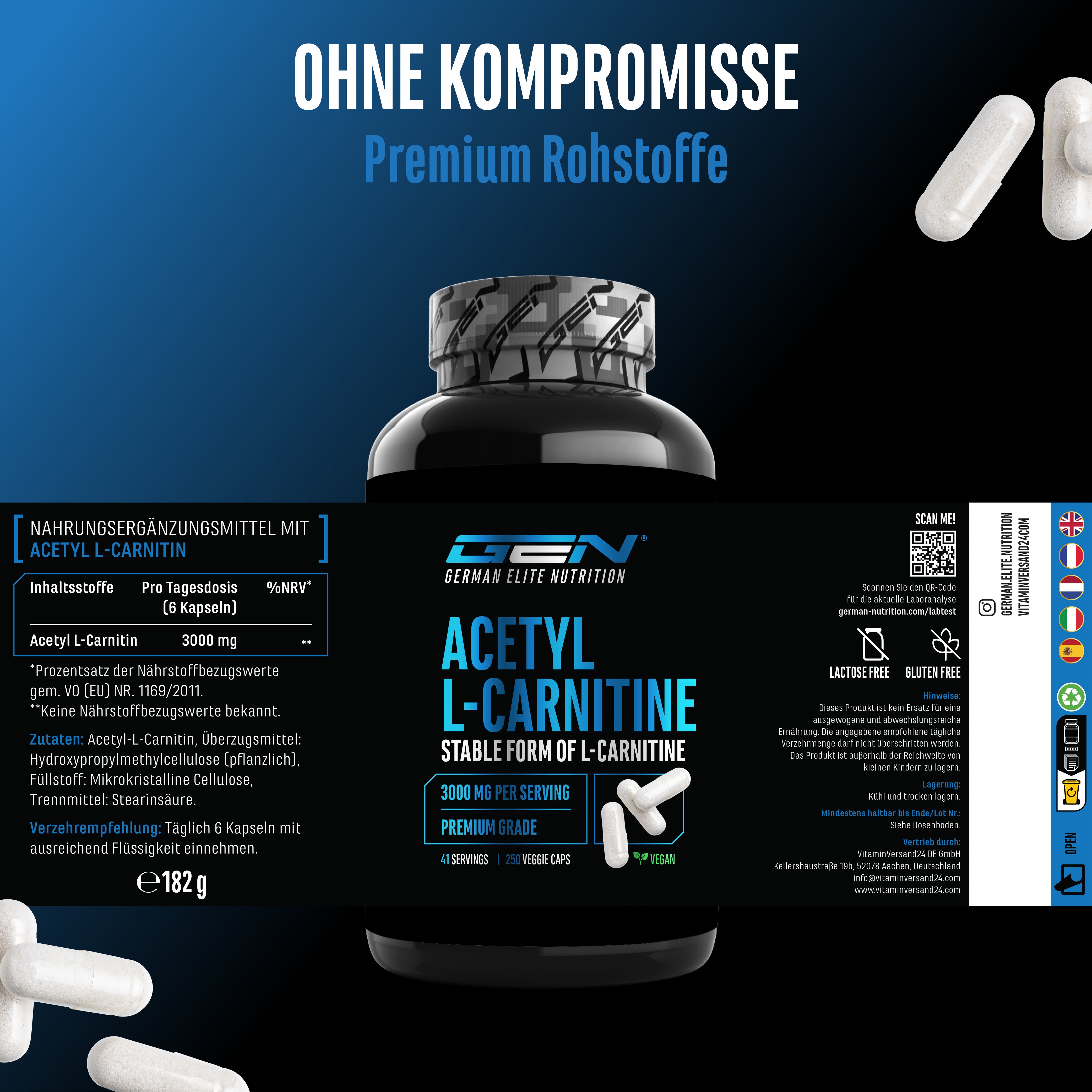 Eine schwarze Flasche mit blauen Akzenten mit der Aufschrift Acetyl L-Carnitin befindet sich zwischen weißen Kapseln auf blauem und schwarzem Hintergrund; Text im Bild: "Premium Rohstoffe" in Deutsch und Englisch, mit Symbolen.