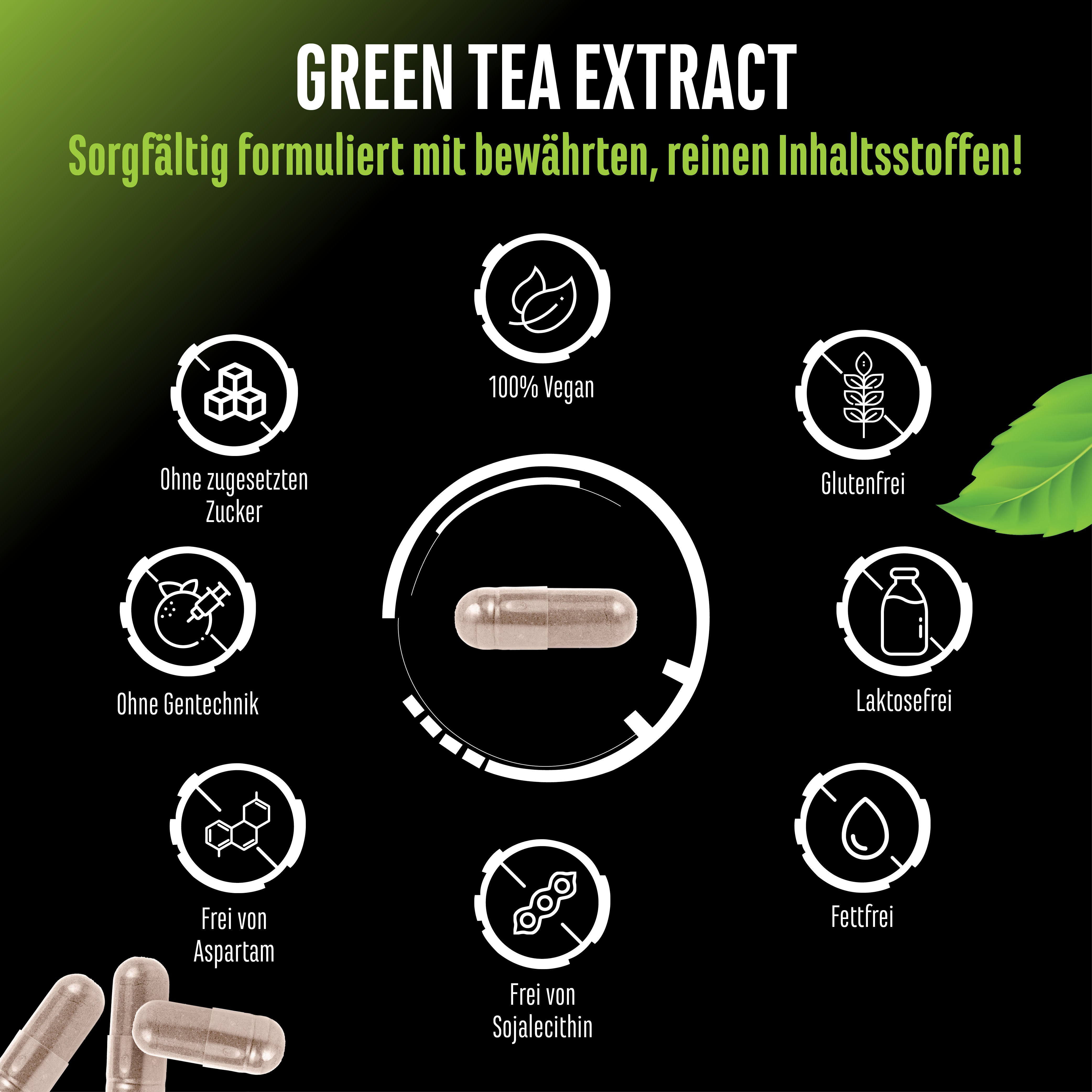 Flasche deutscher Elite Nutrition Grüntee-Extrakt-Kapseln mit Icons, grünen Blättern und Text in der Bildauflistung Merkmale.
