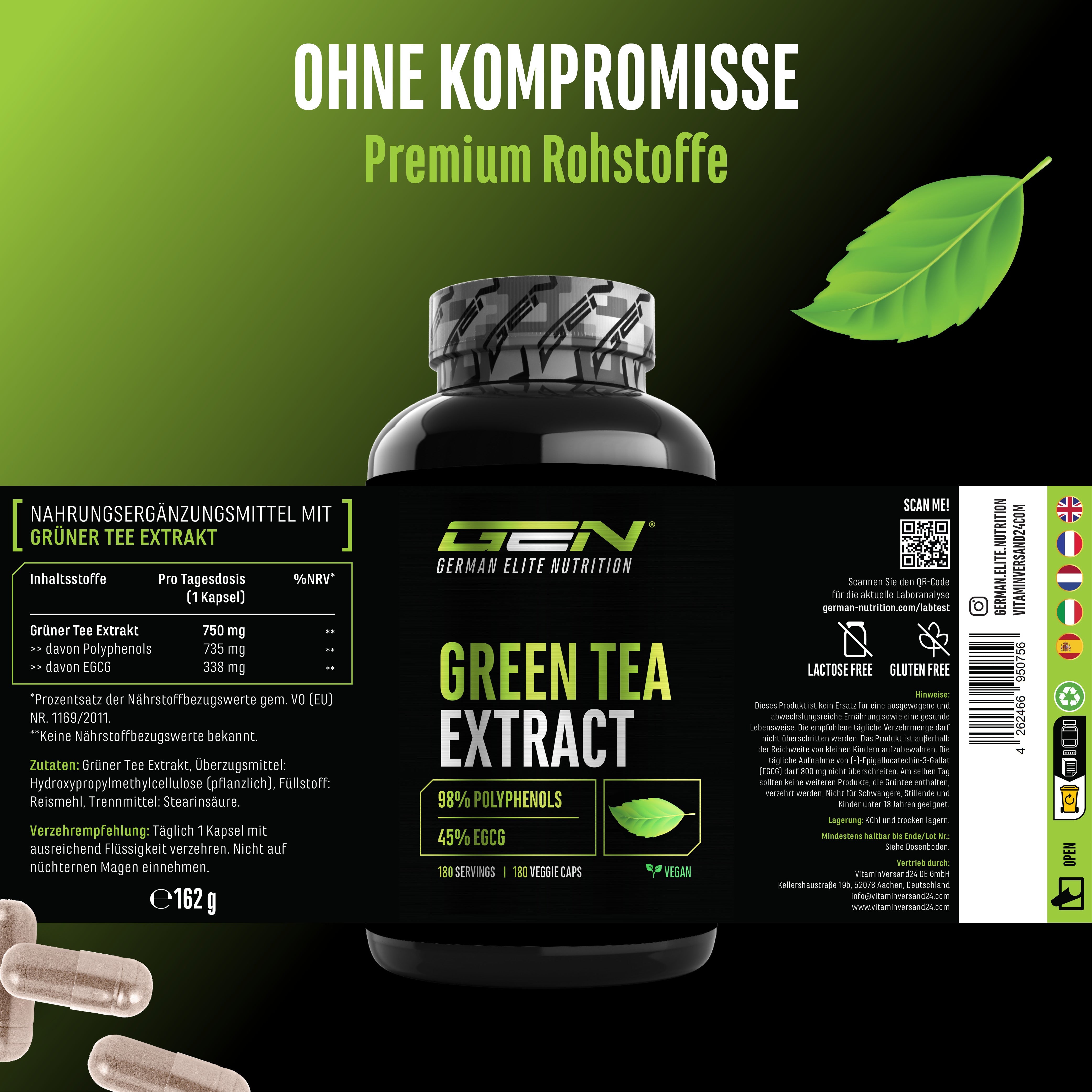Eine Flasche von German Elite Nutrition Green Tea Extract mit Kapseln auf grünem Hintergrund; Text im Bild: 98 Polyphenole, 45 EGCG, Icons für vegan, laktosefrei, glutenfrei.