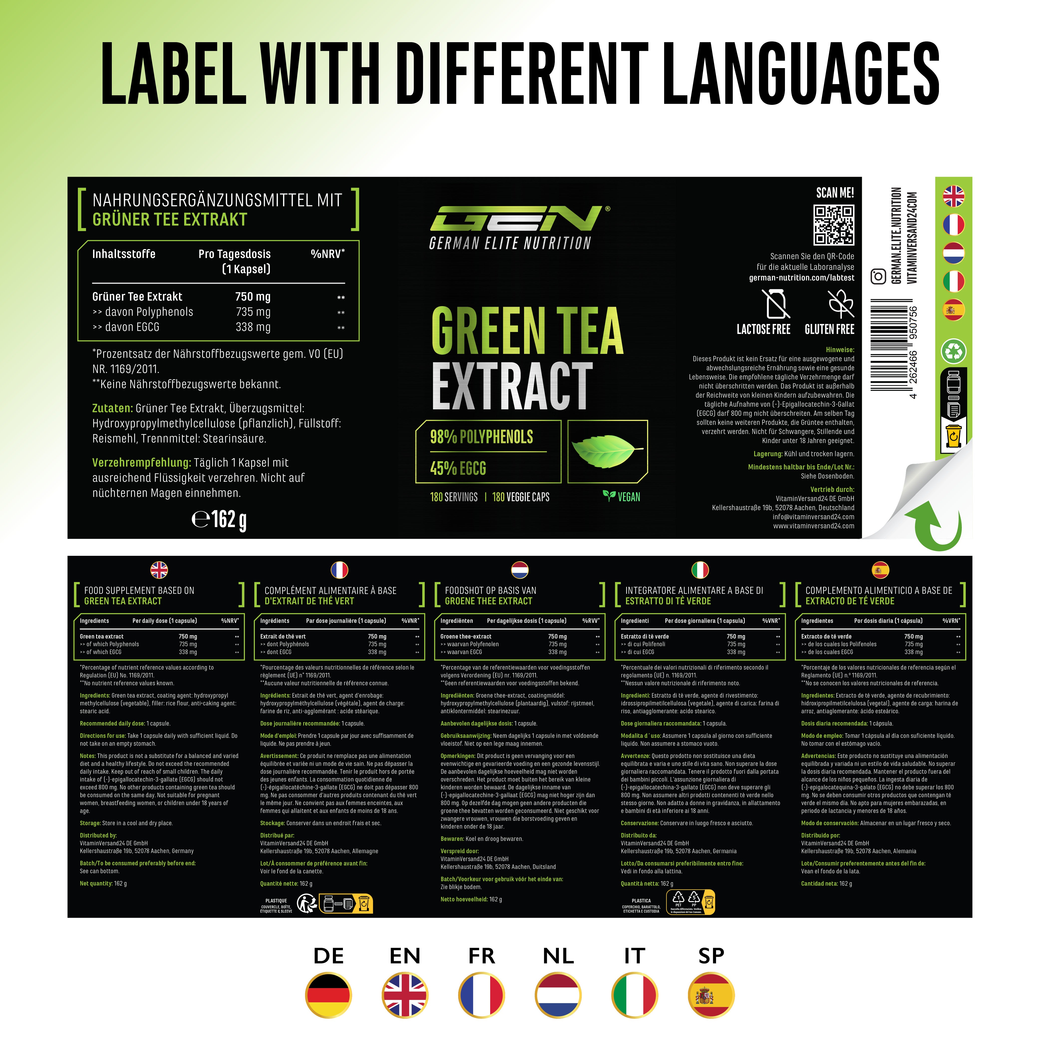 Etikett von Grüntee-Extrakt mit Text im Bild: Nährwertangaben, Anweisungen, mehrere Sprachen und Länderflaggen unten.