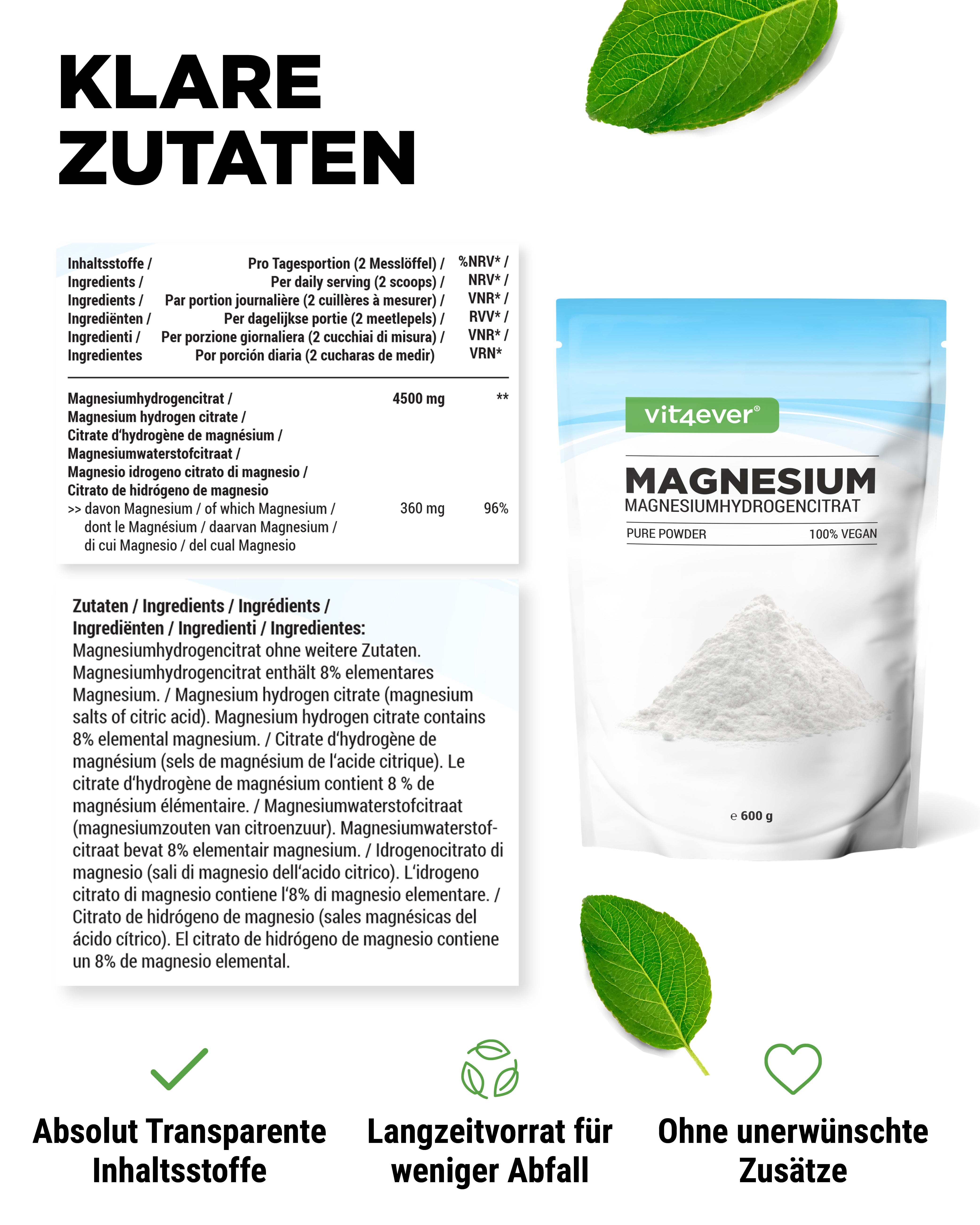 Magnesium Pure -Pulver - 100% Magnesiumhydrogencitrat