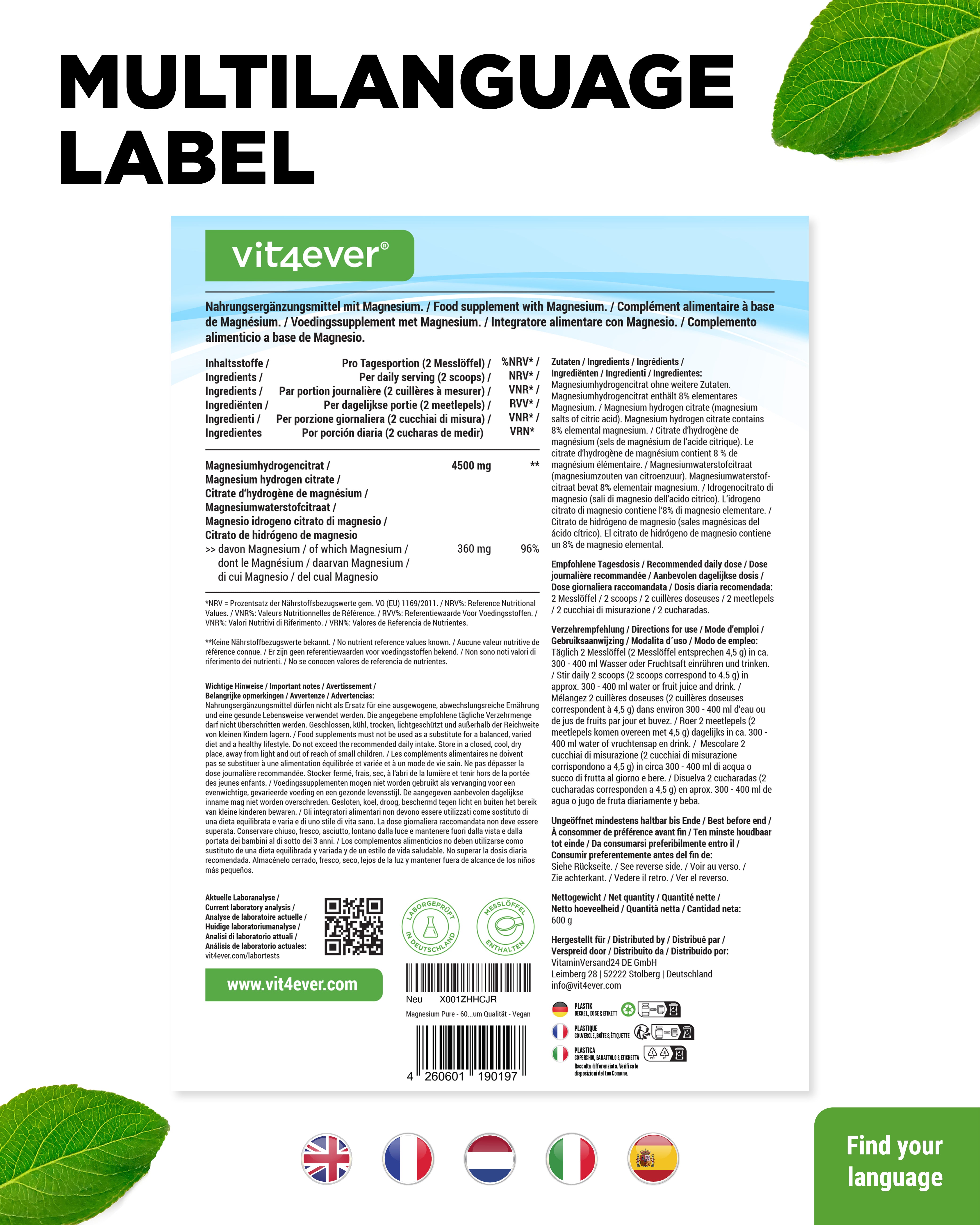 Magnesium Pure -Pulver - 100% Magnesiumhydrogencitrat