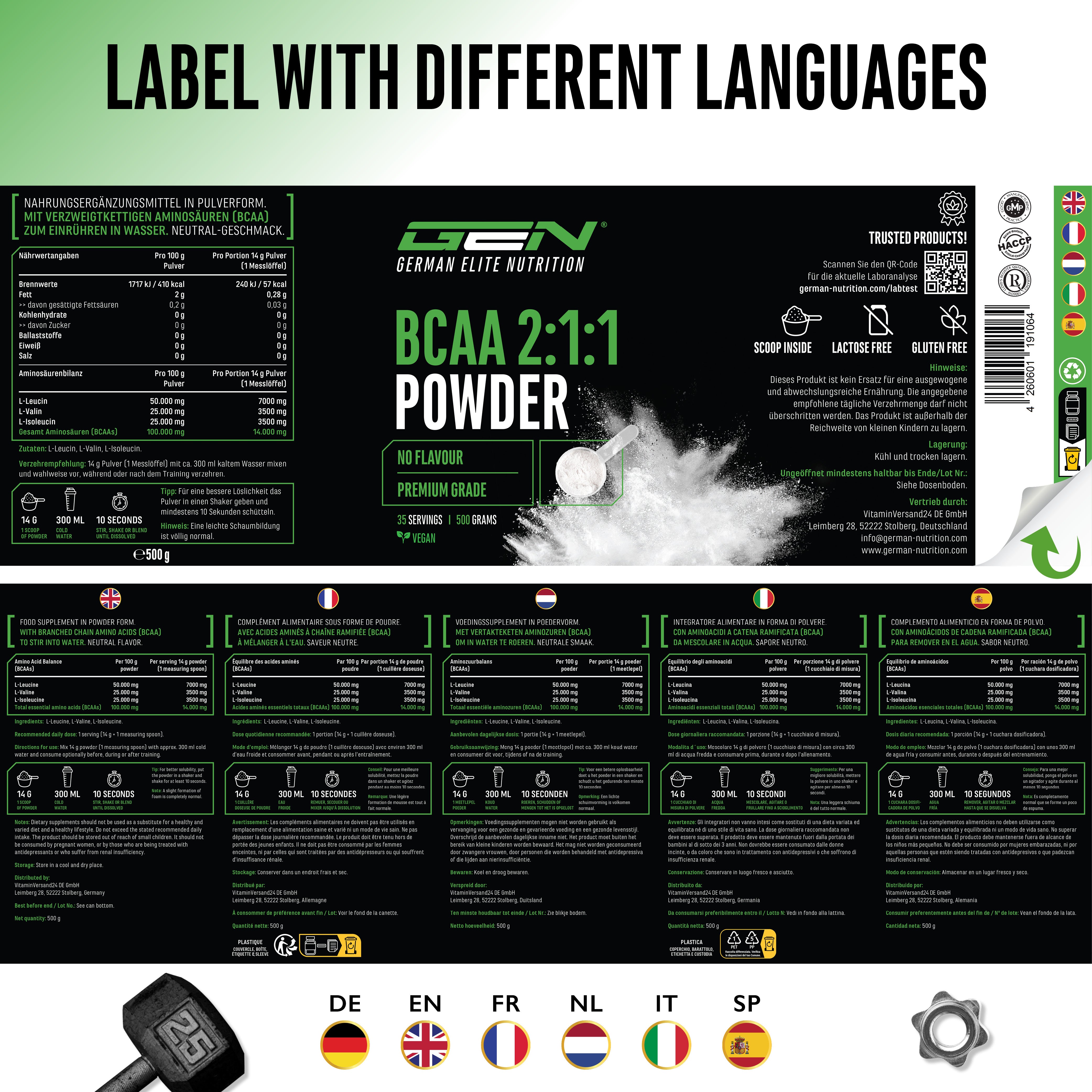 GEN BCAA 2:1:1 Poeder - Neutraal, 500 g