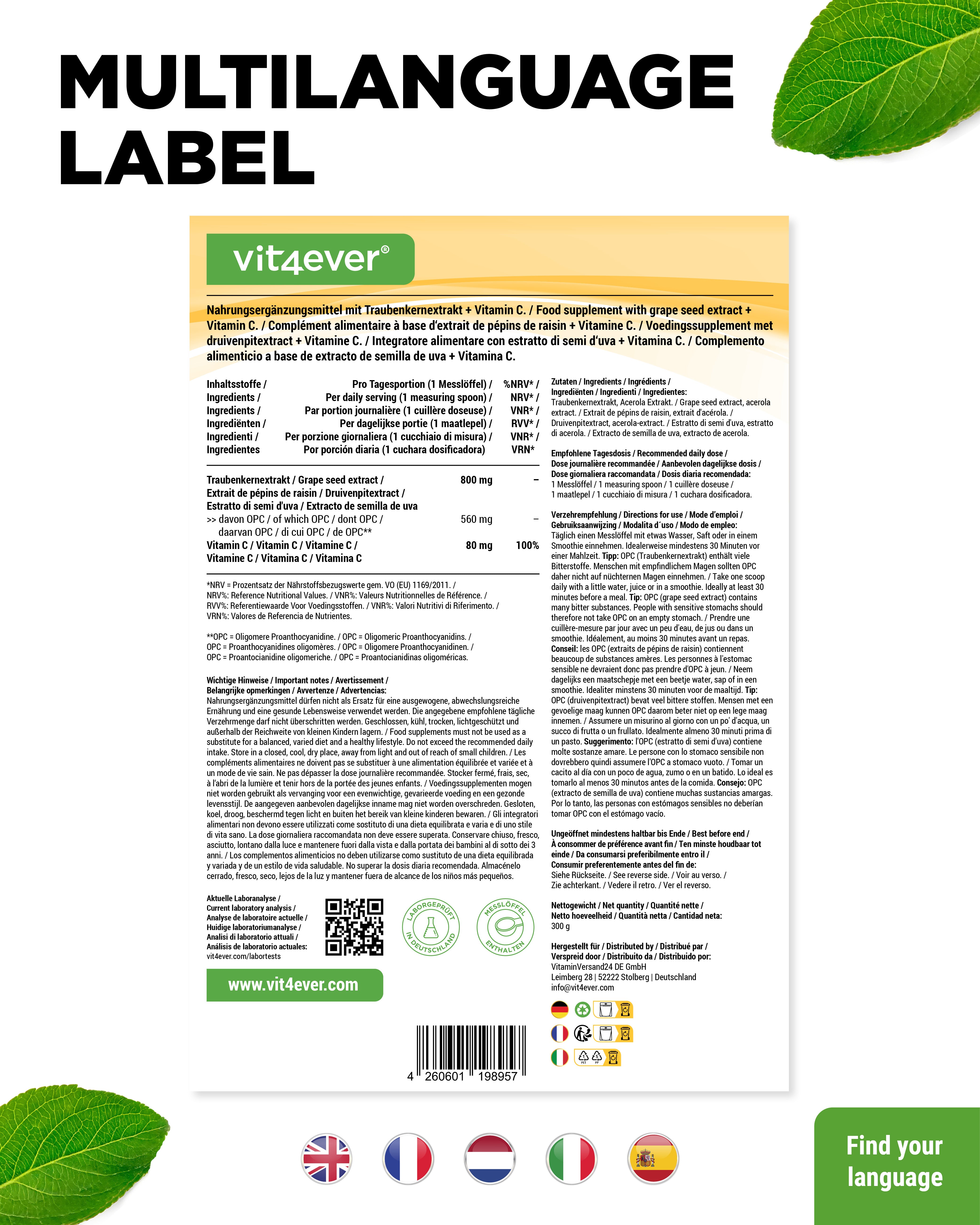 Estratto di semi d'uva OPC + Polvere di vitamina C