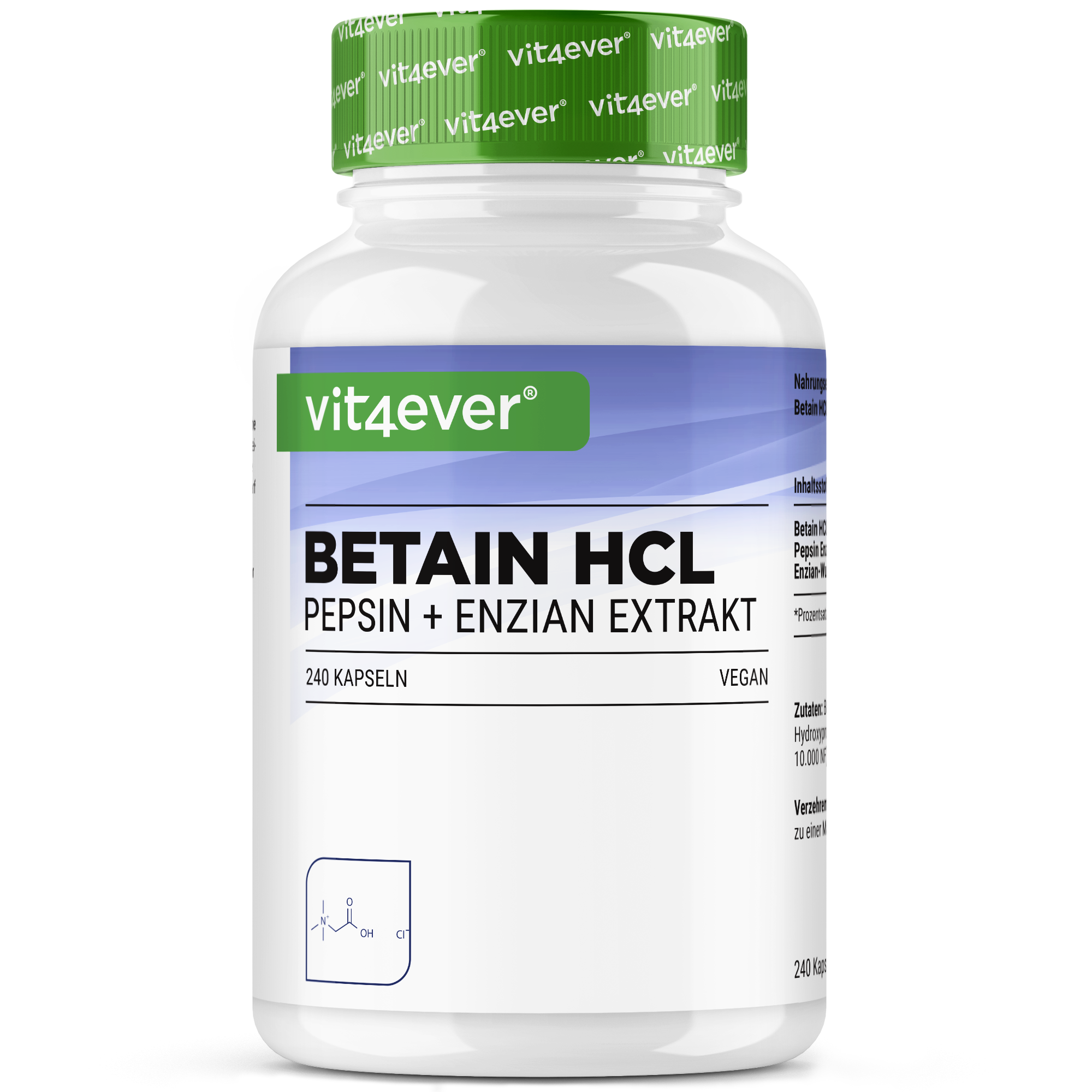 Betain HCL, 240 Kapseln á 695mg mit Pepsin + Enzian Extrakt