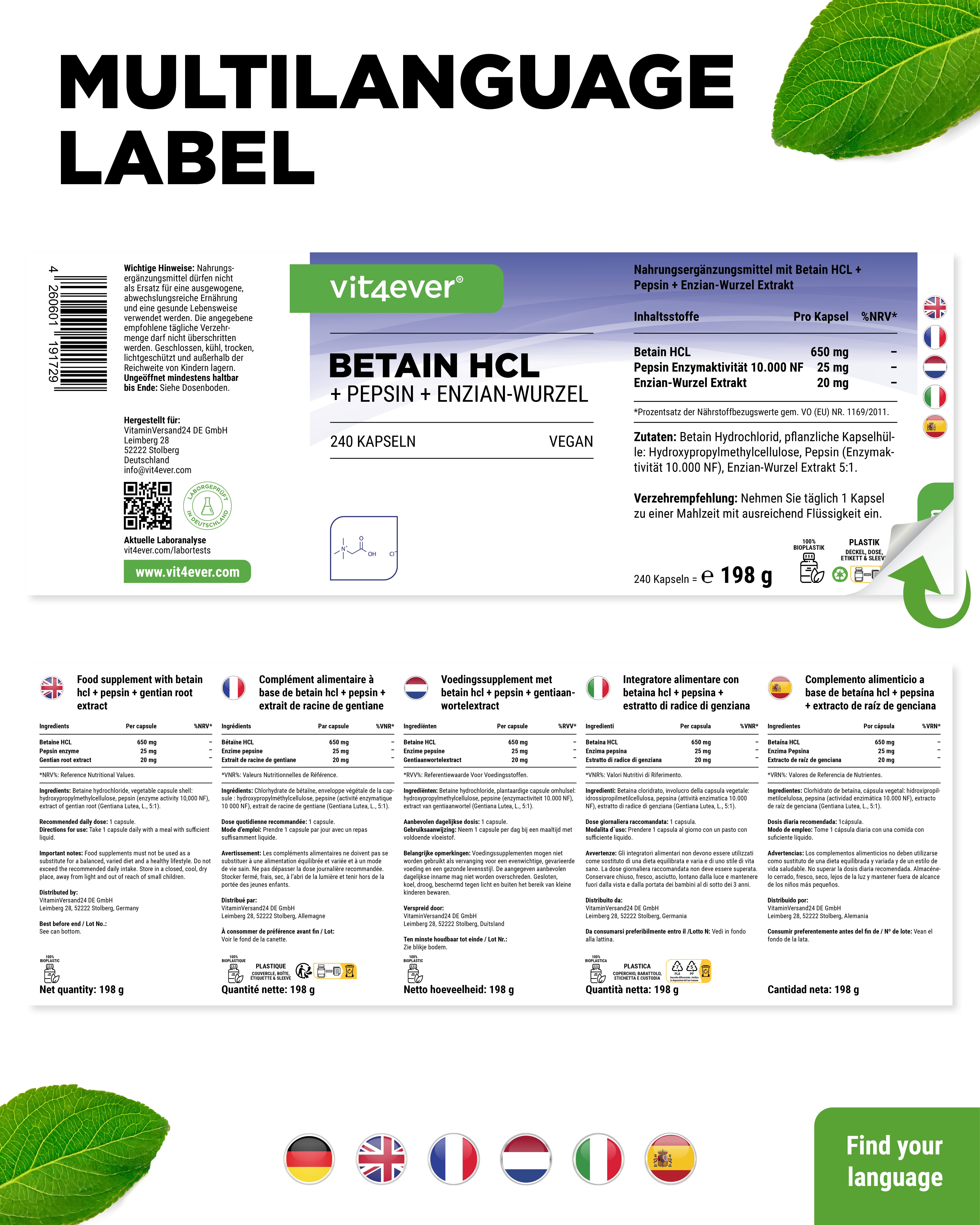 Bétaïne HCL, 240 gélules à 695 mg avec pepsine + extrait de gentiane