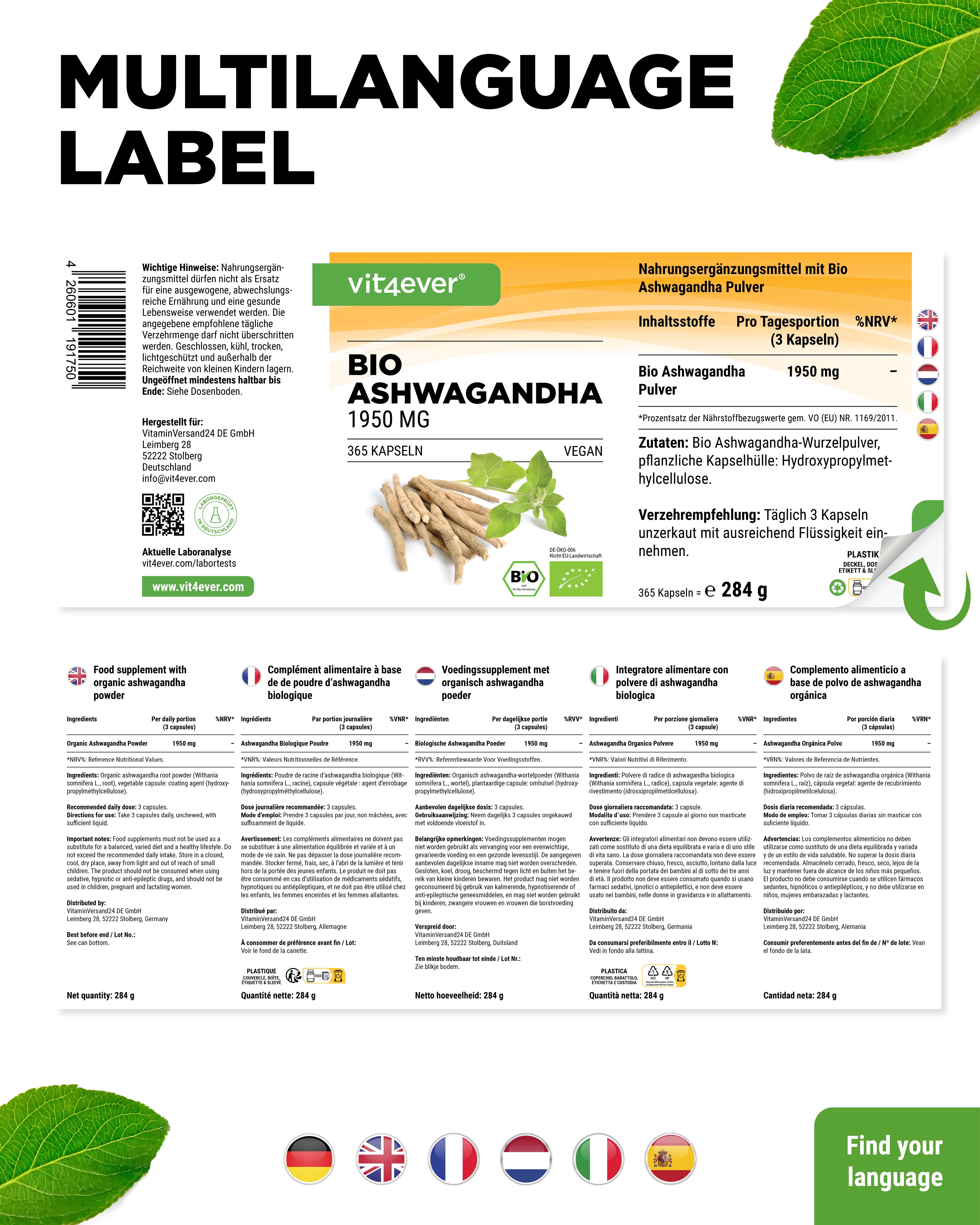 Organic Ashwagandha - 365 Capsules