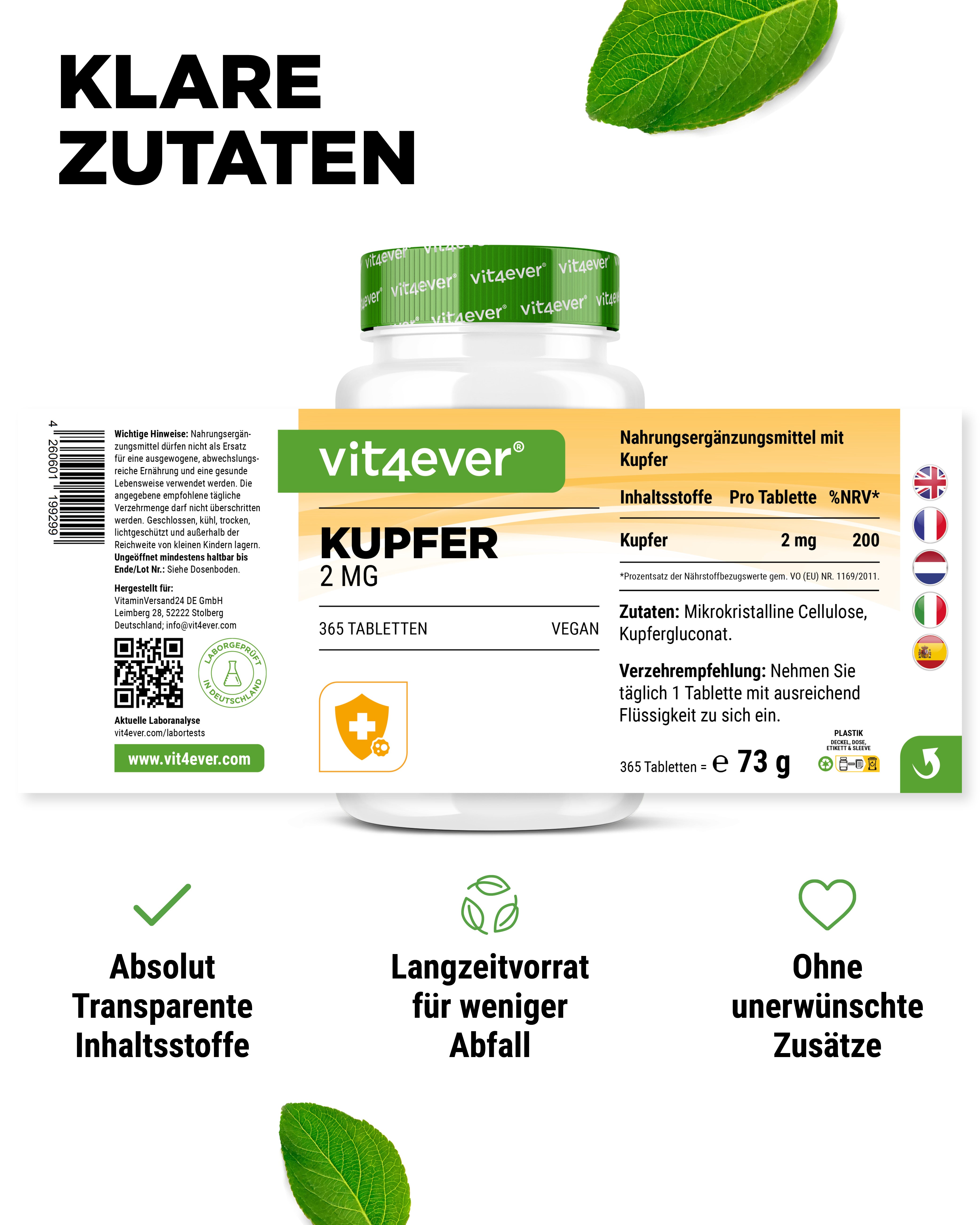 Kupfer 365 - 2 mg - Kupfergluconatt - 365 Tabletten