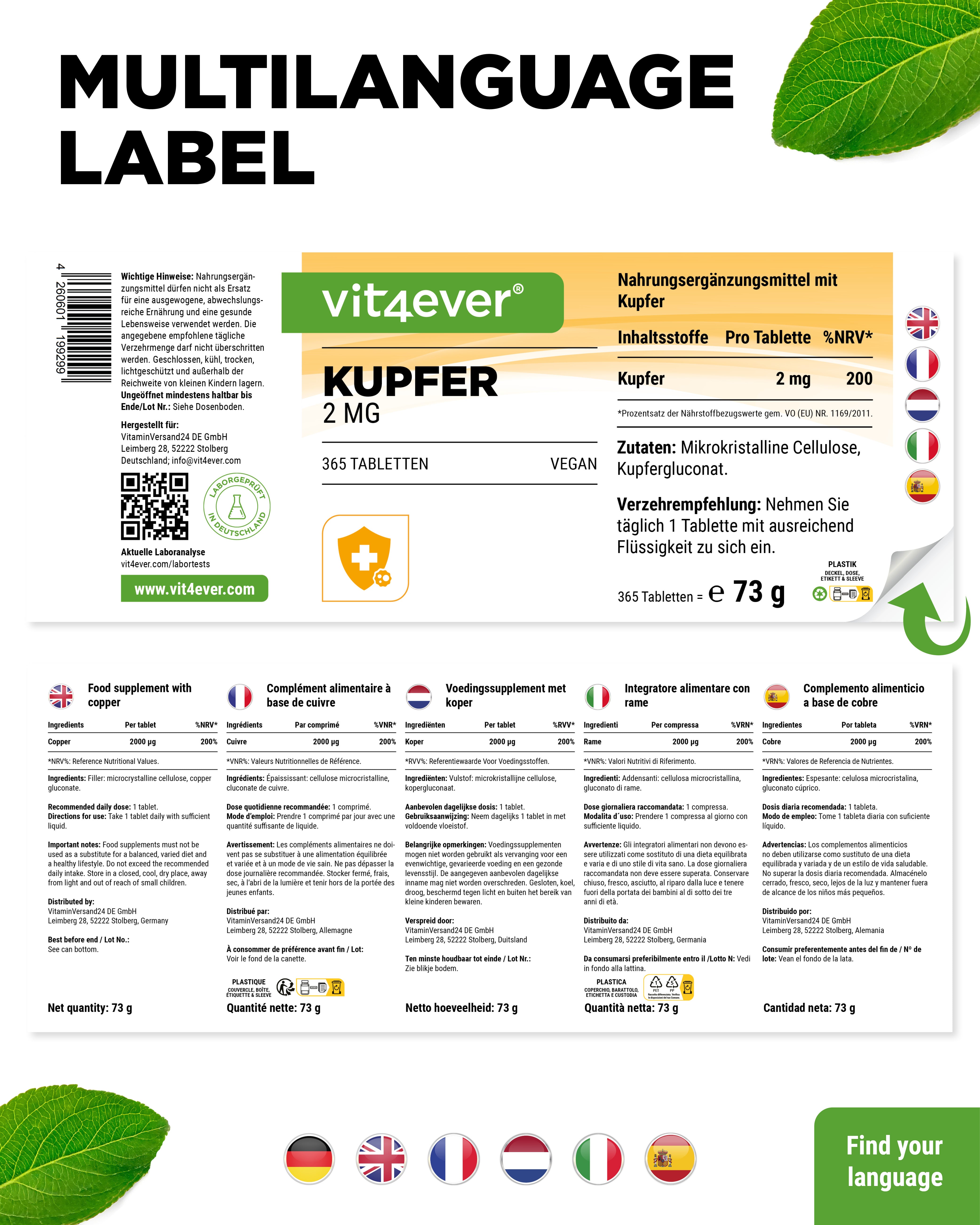 Kupfer 365 - 2 mg - Kupfergluconatt - 365 Tabletten