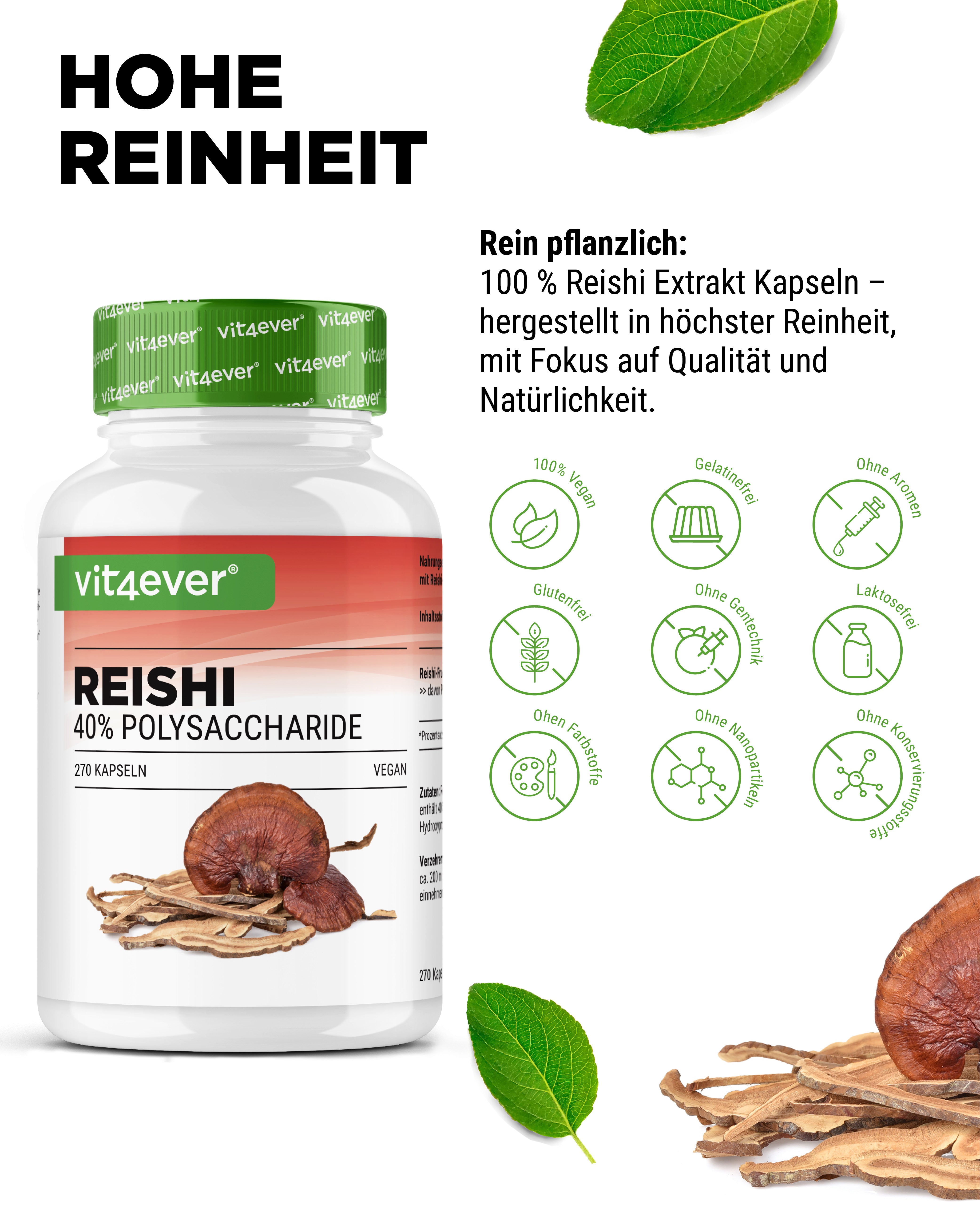 Reishi Intenso Pilz - 650 mg Extrakt - 40% bioaktive Polysaccharide