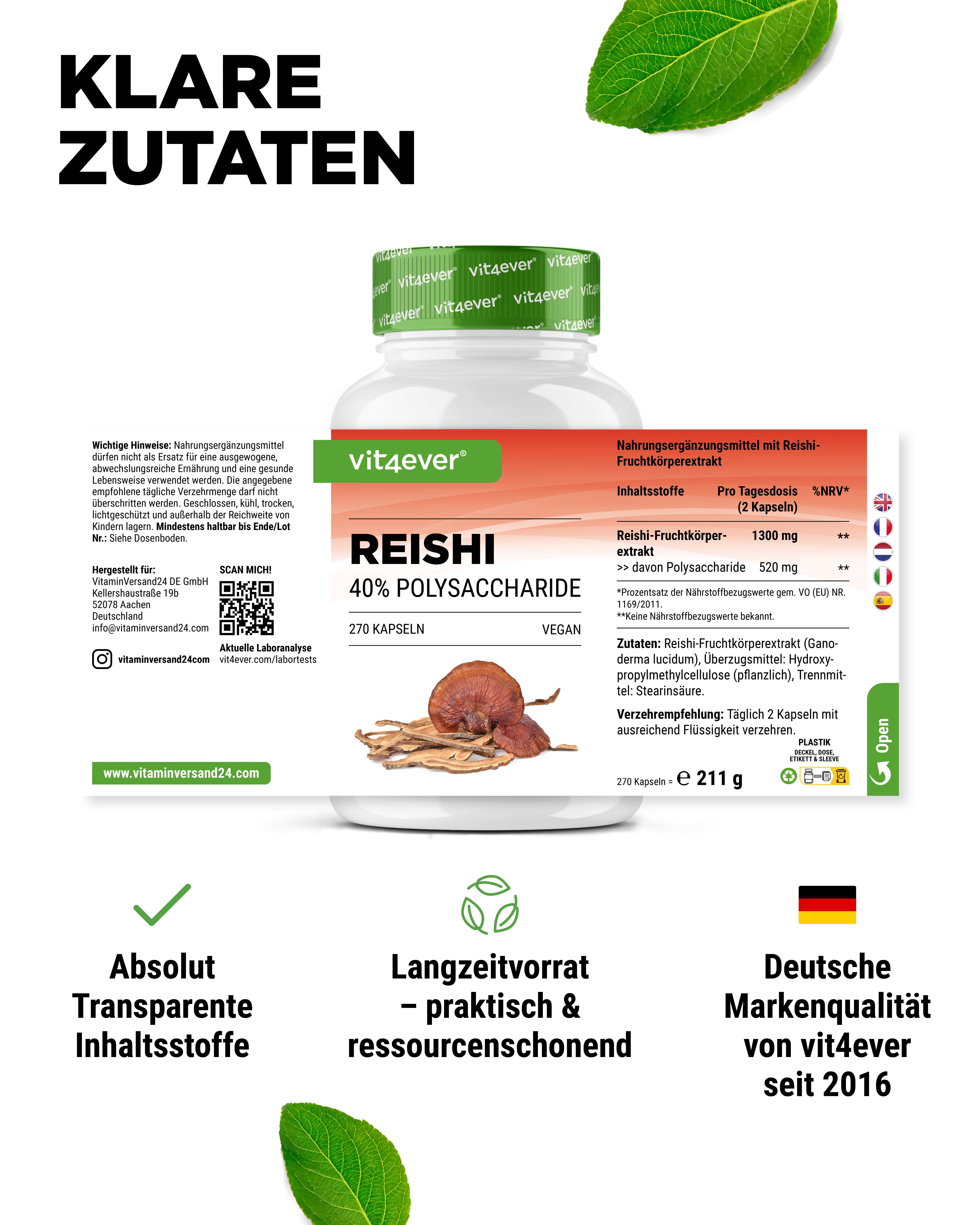 Reishi Intenso Pilz - 650 mg Extrakt - 40% bioaktive Polysaccharide