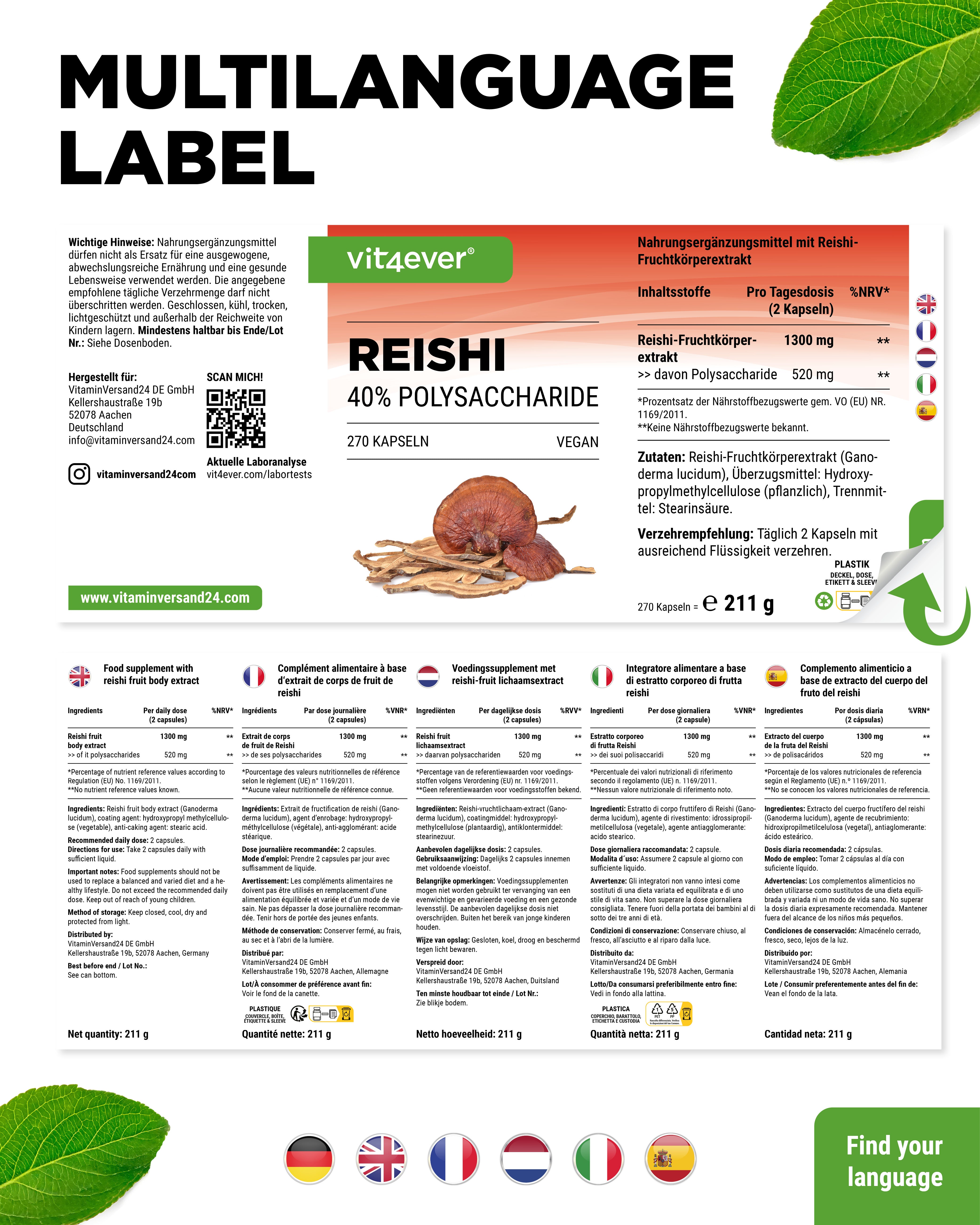 Reishi Intenso Pilz - 650 mg Extrakt - 40% bioaktive Polysaccharide
