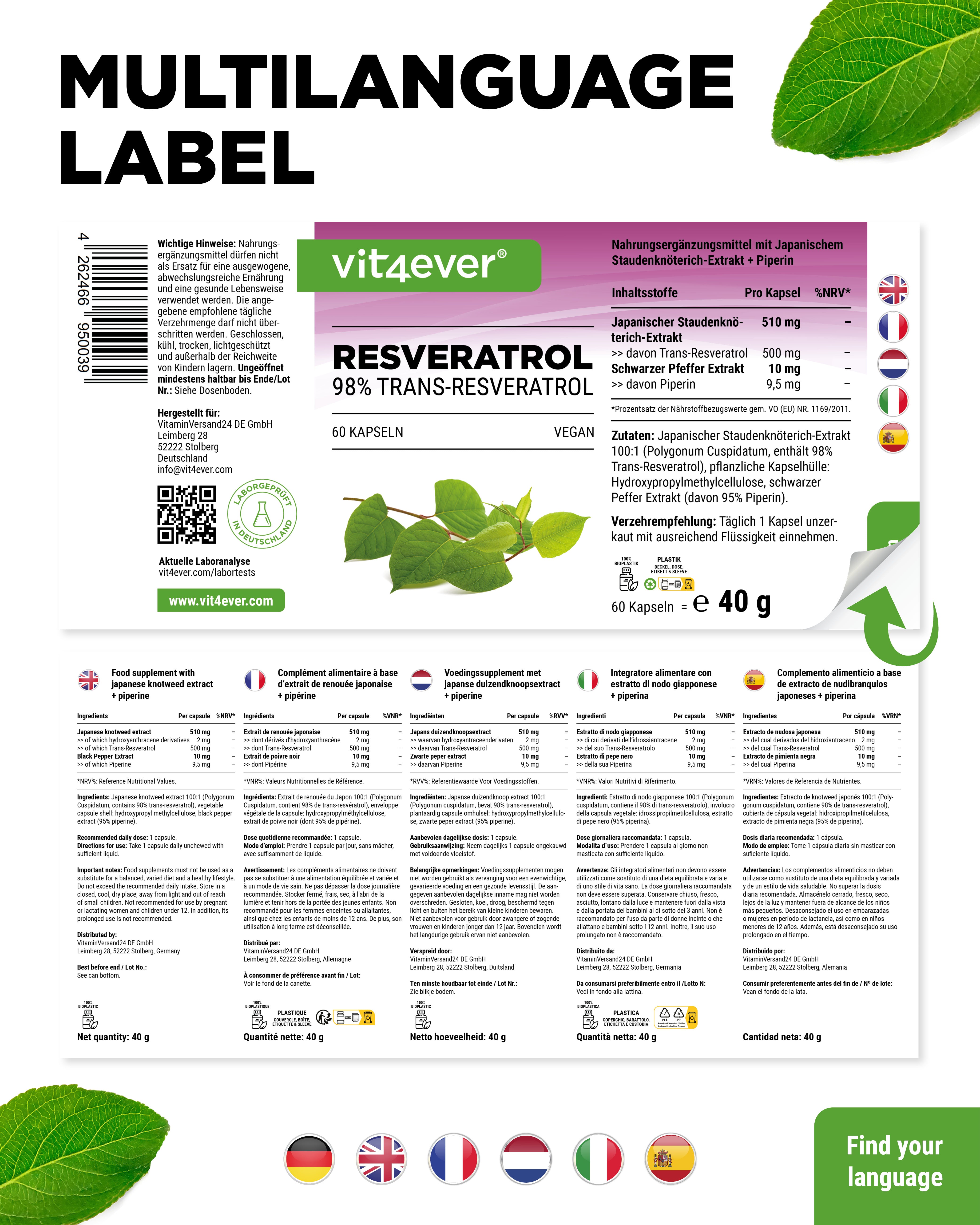 Resveratrolo - 500 mg - 98% Trans-Resveratrolo