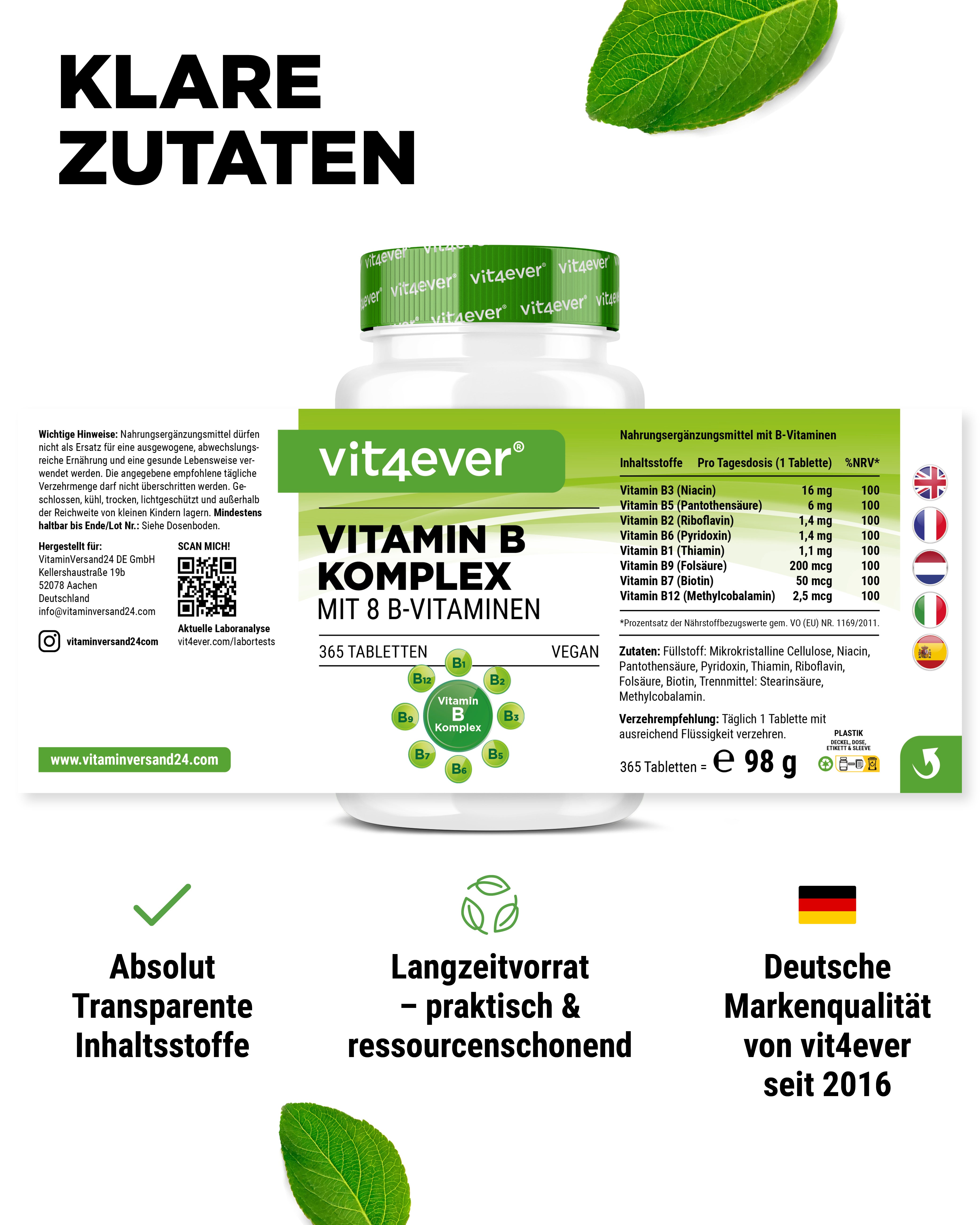 Vitamin B Komplex - 8 B-Vitamine - 365 Tabletten