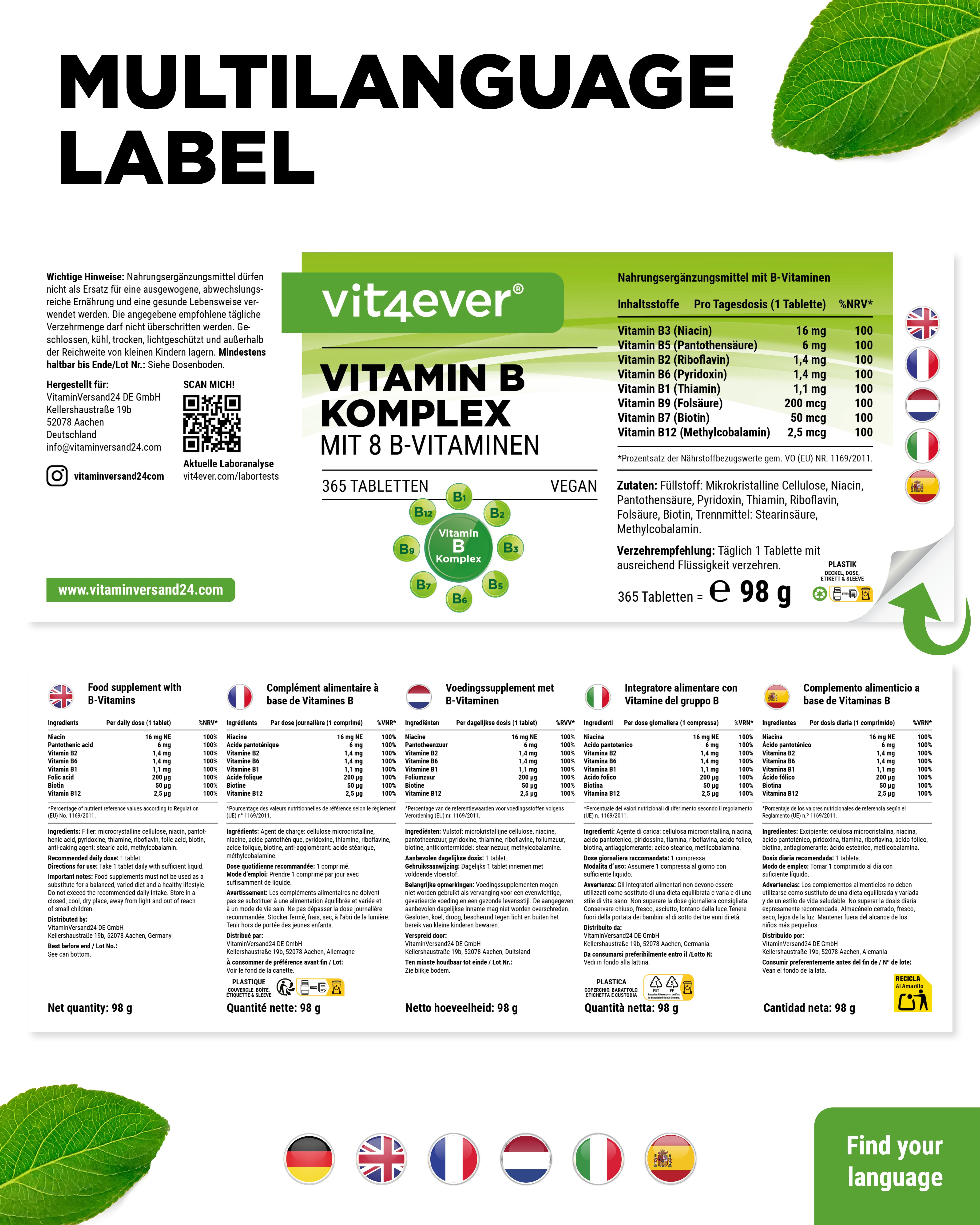 Vitamin B Komplex - 8 B-Vitamine - 365 Tabletten