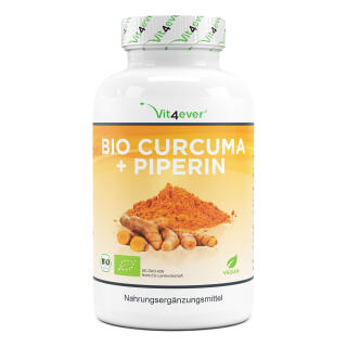 Bio Curcuma - 365 vegane Kapseln - 4560 mg (Bio Kurkuma + schwarzer Pfeffer)